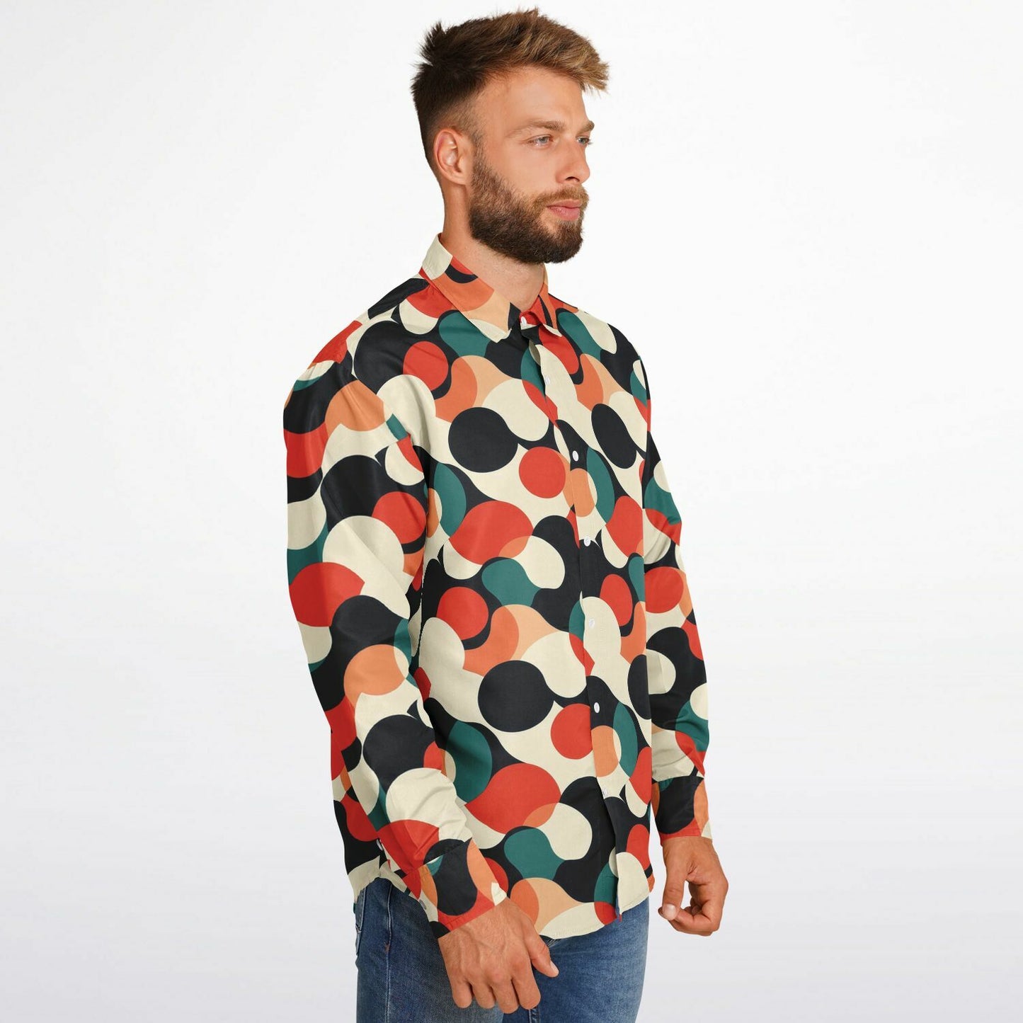 Abstract Colored Pattern Long Sleeve Button Down Shirt - AOP