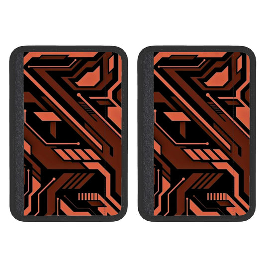 Two rectangular neoprene seat belt cover pads with a geometric pattern in black, red, and gray colors.