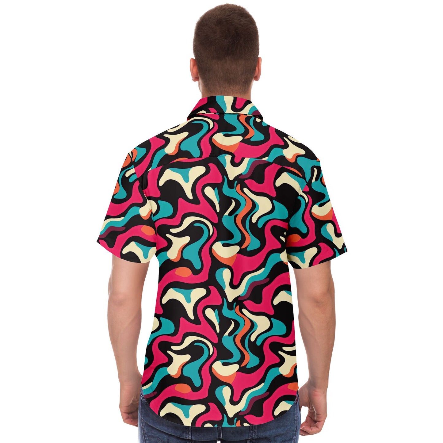 Red Blue Pattern Short Sleeve Button Down Shirt - AOP