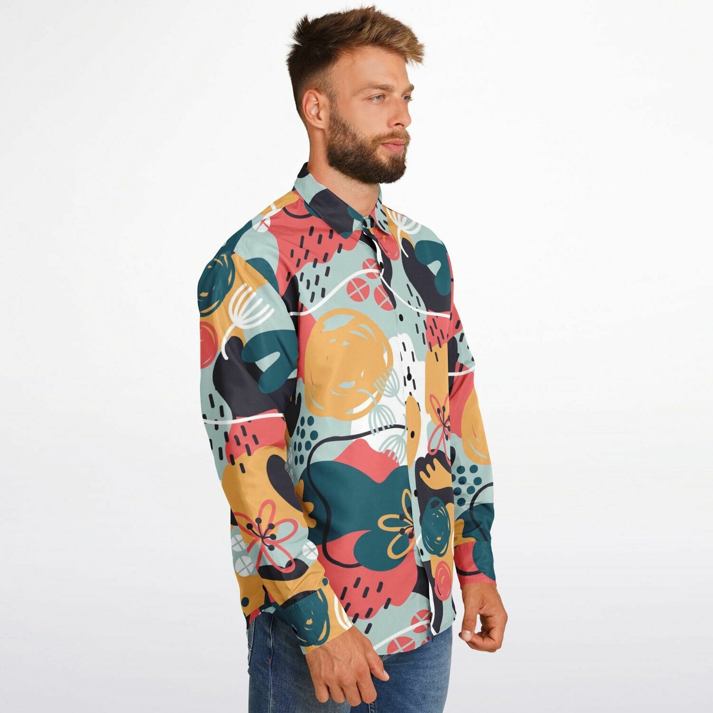 Abstract Pattern Long Sleeve Button Down Shirt - AOP