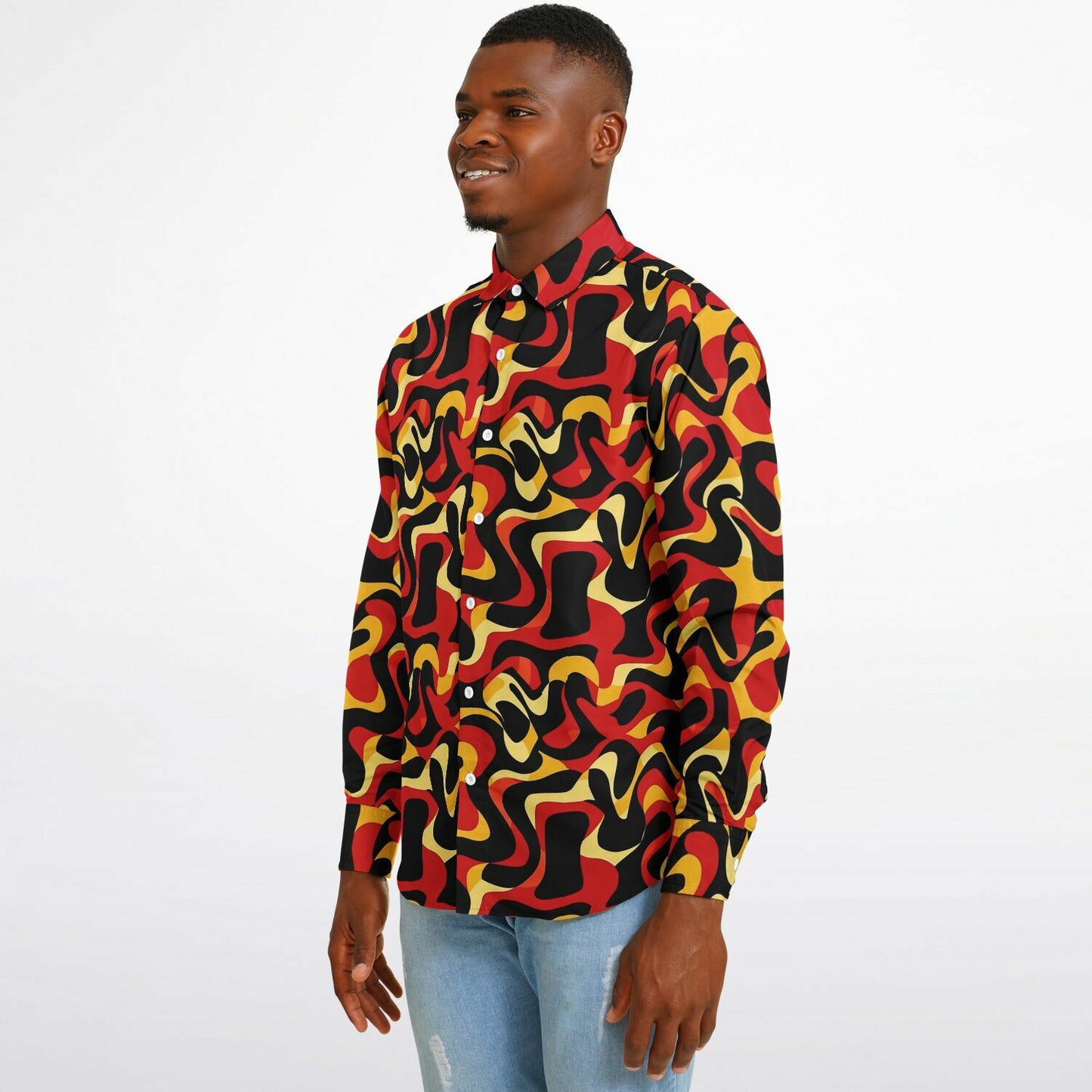Orange Yellow Abstract Pattern Long Sleeve Button Down Shirt - AOP