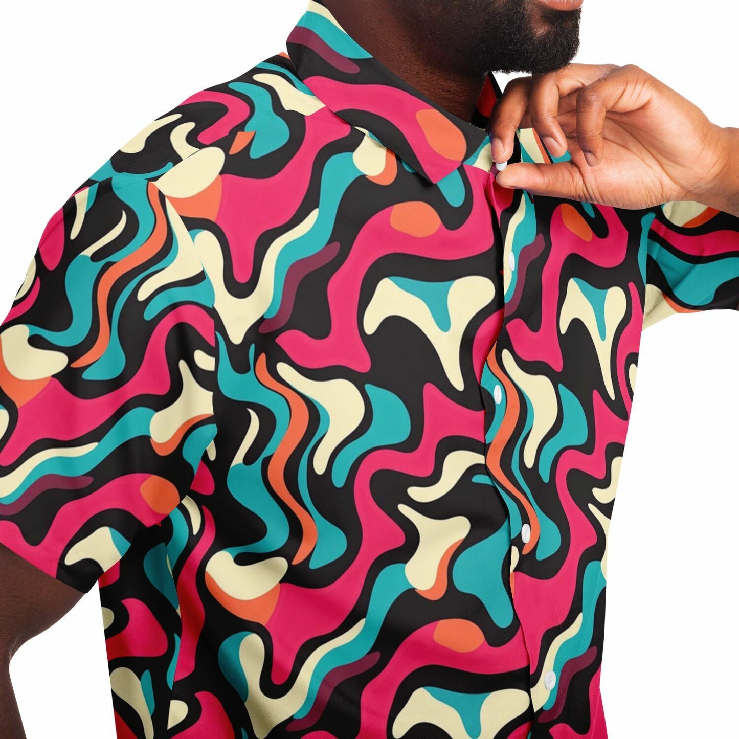 Red Blue Pattern Short Sleeve Button Down Shirt - AOP