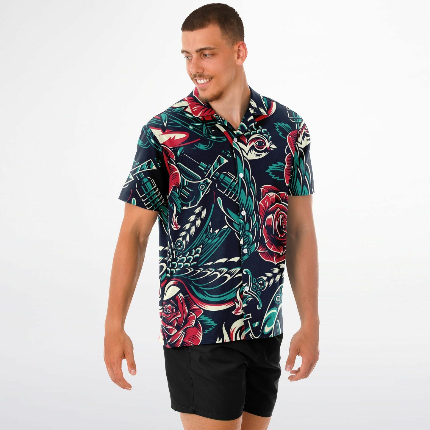 Floral Pattern Spread Collar Short Sleeve Shirt