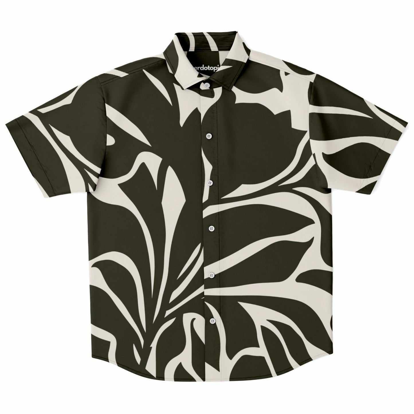 Black and White Leaves Pattern Short Sleeve Button Down Shirt - AOP