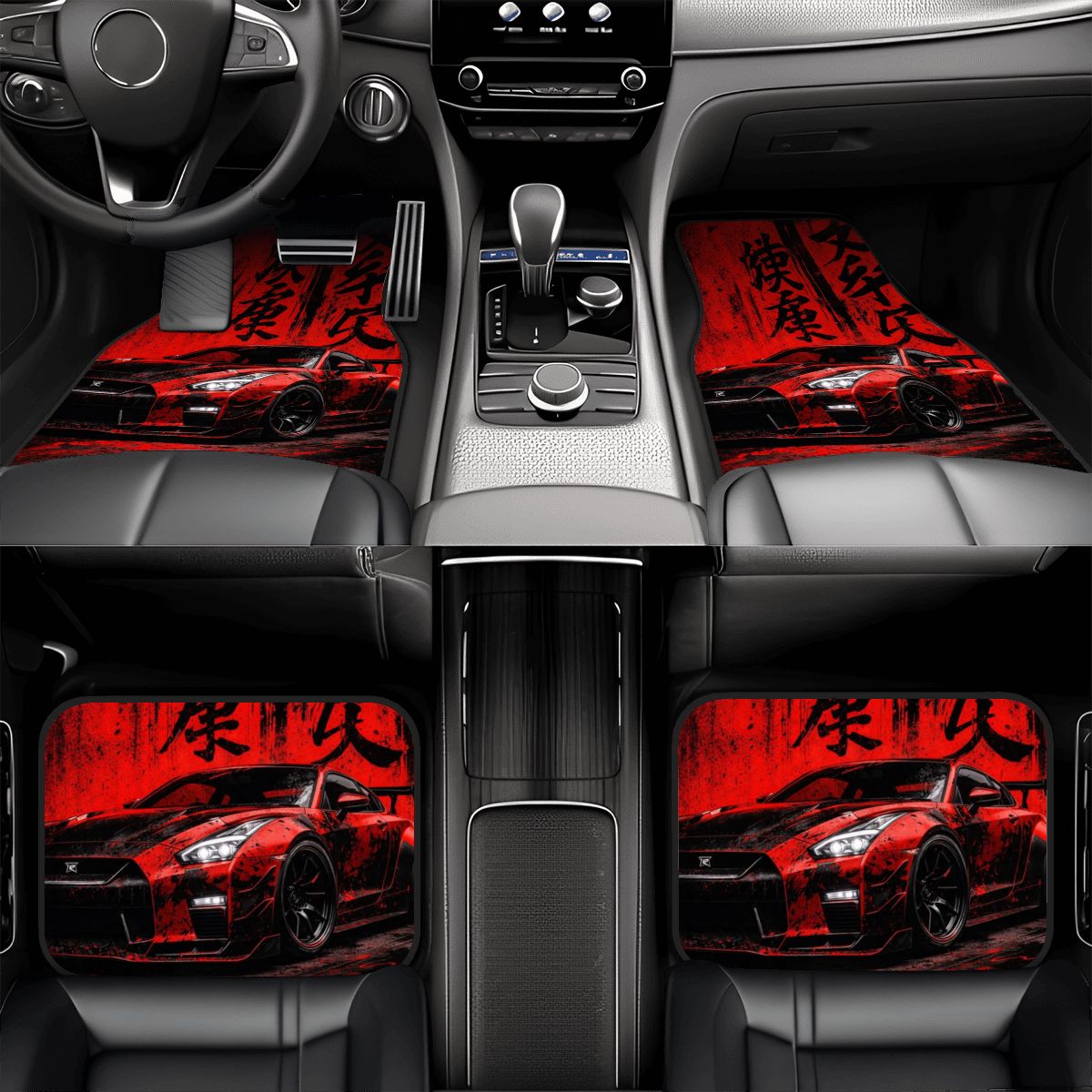 Car interior with red and black car-themed floor mats.