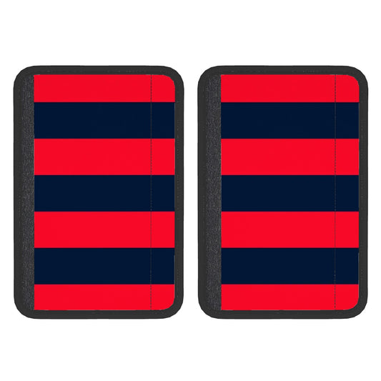 Two red and blue striped seat belt cover pads with a Velcro fastener.
