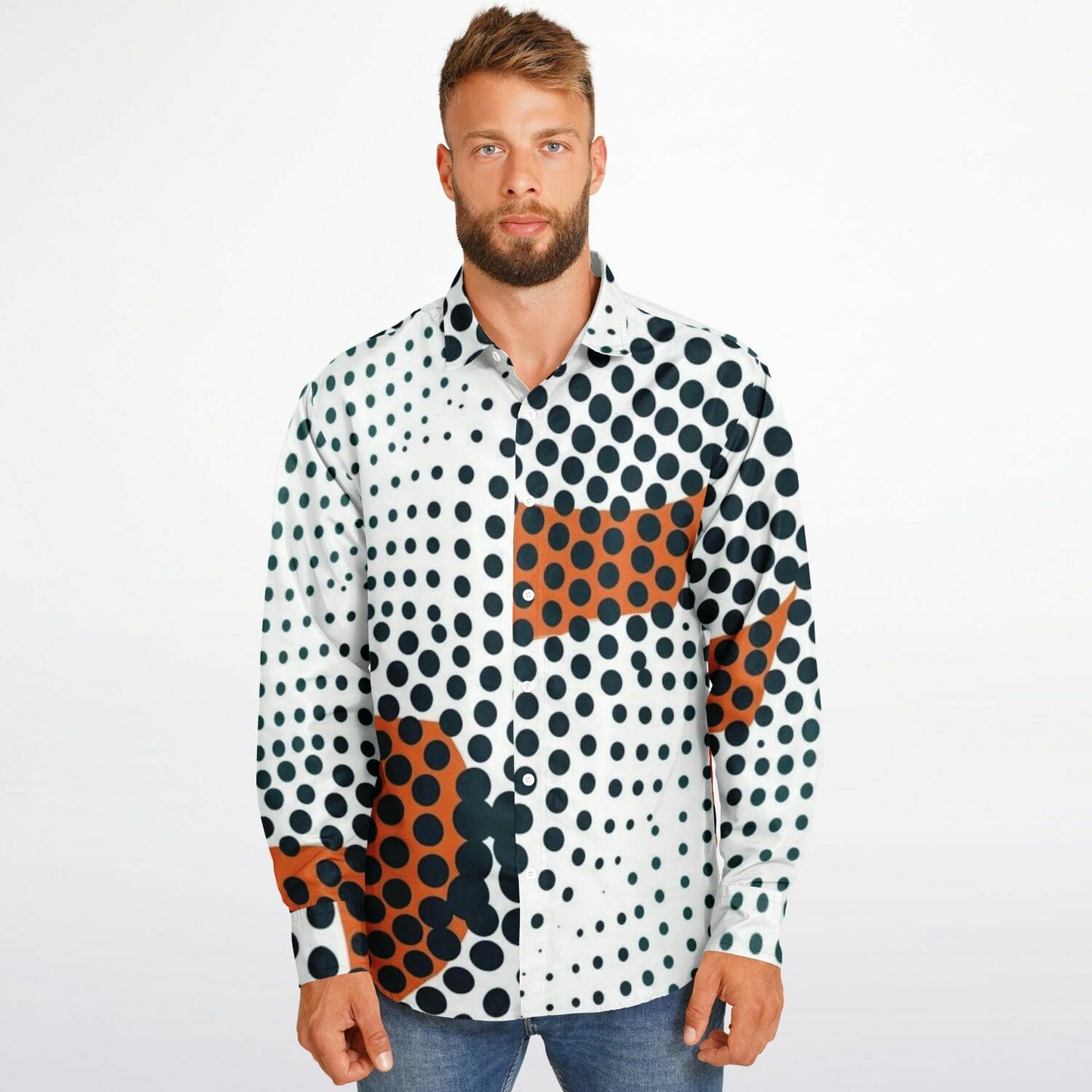 Impression Photo Pattern Long Sleeve Button Down Shirt - AOP