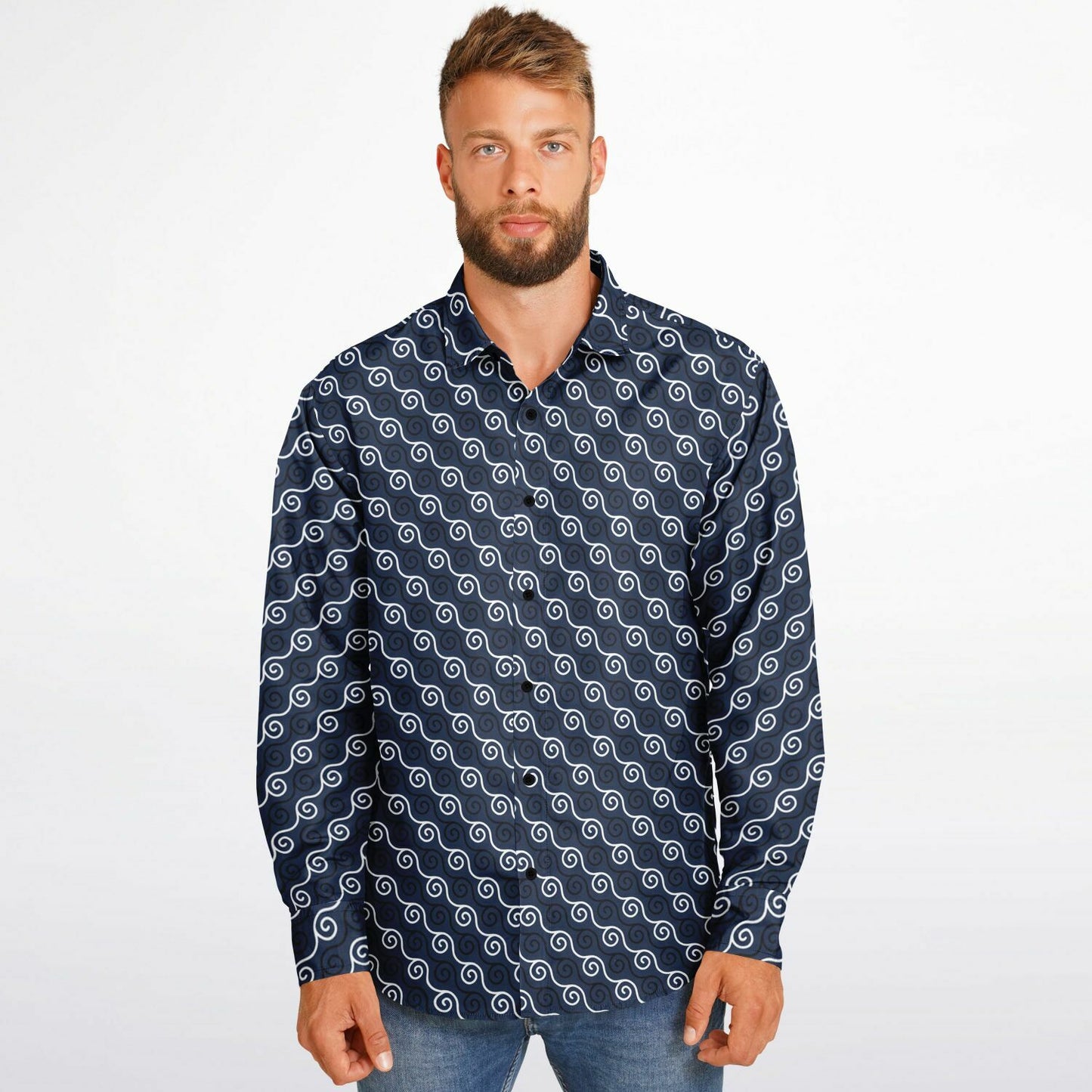 Linen Texture Print Long Sleeve Button Down Shirt - AOP