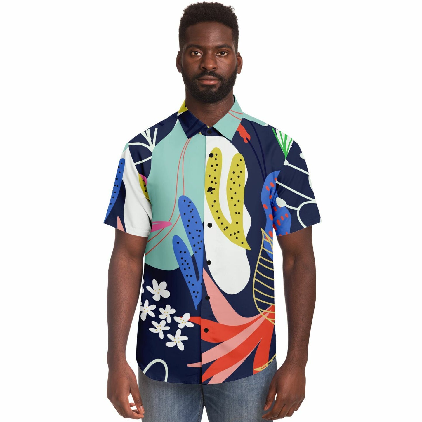 Floral Garden Hand Drawing Short Sleeve Button Down Shirt - AOP