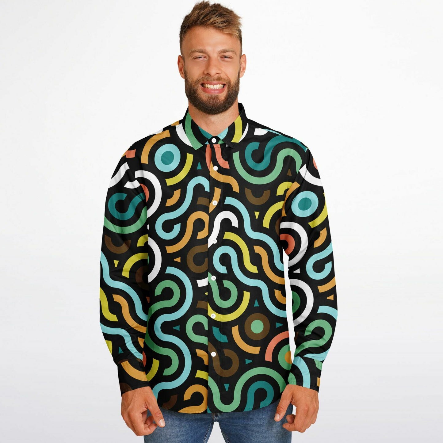 Colored Doodle Art Long Sleeve Button Down Shirt - AOP