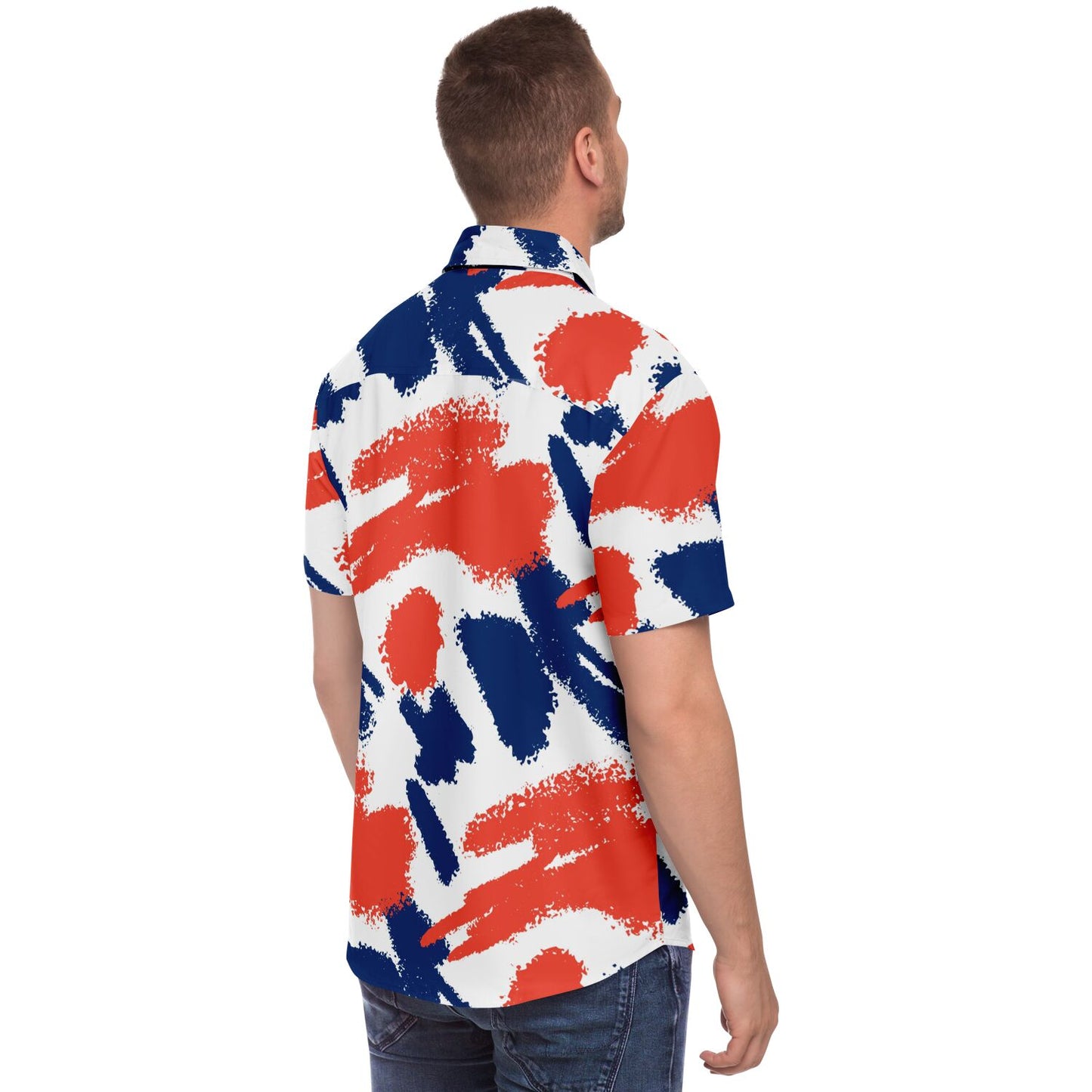 Red Blue Brushstroke Short Sleeve Button Down Shirt - AOP