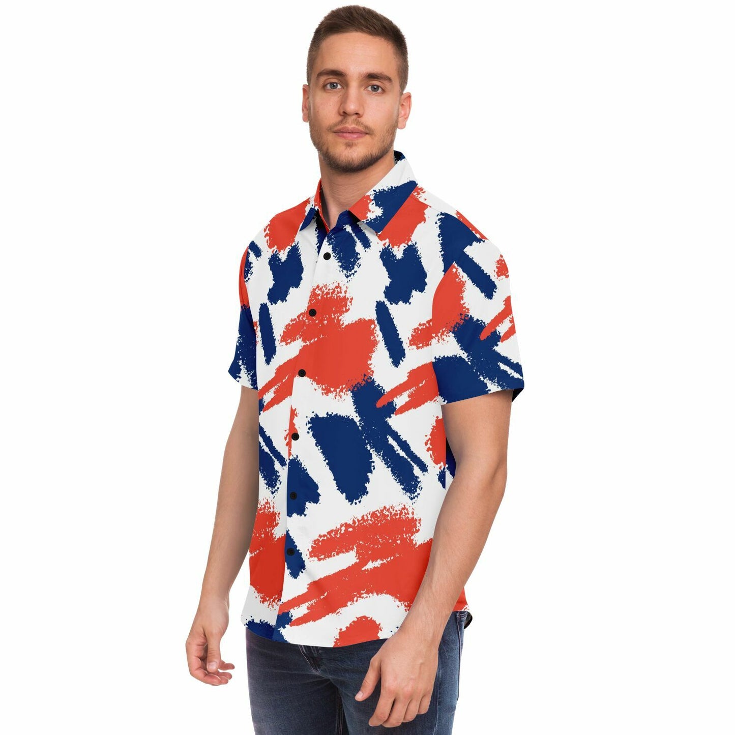 Red Blue Brushstroke Short Sleeve Button Down Shirt - AOP