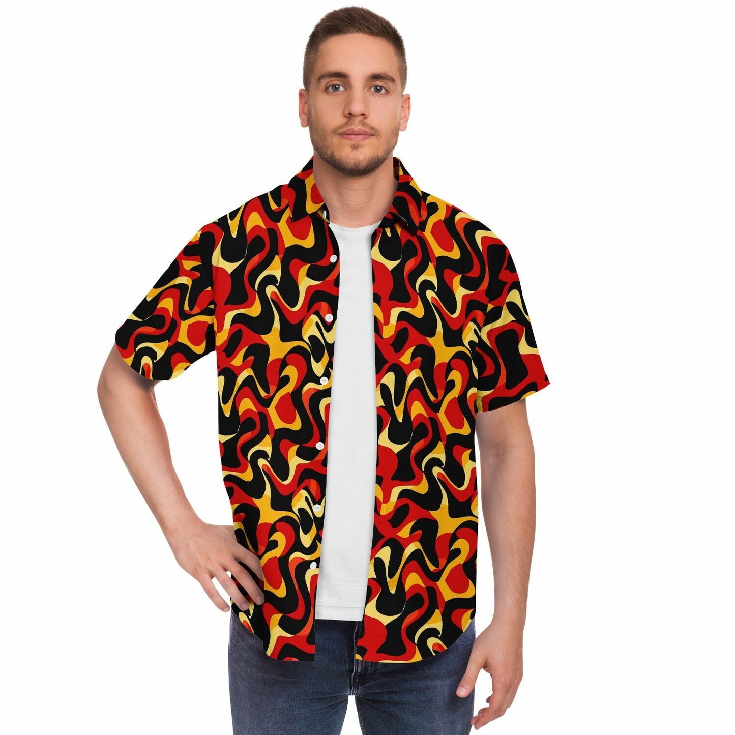 Orange Yellow Abstract Pattern Short Sleeve Button Down Shirt - AOP