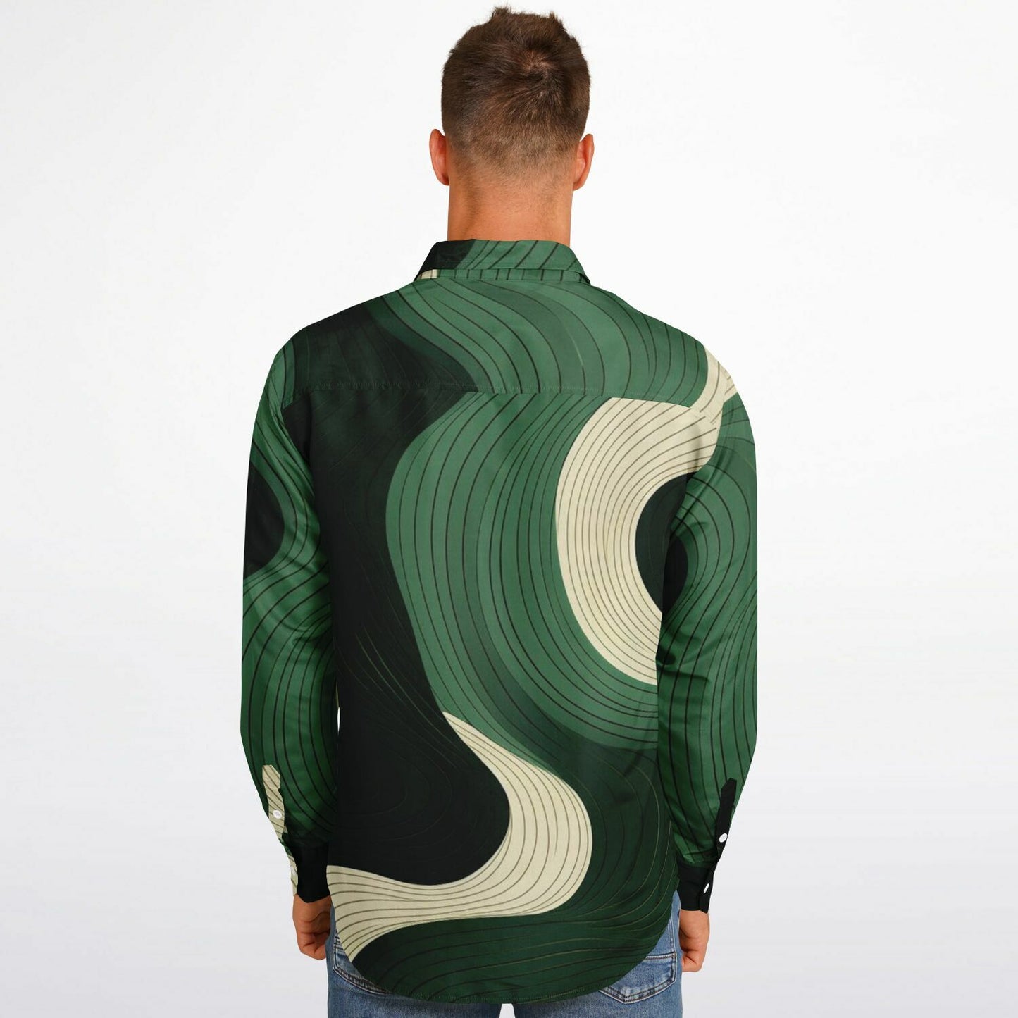 Royal Green Waves Pattern Long Sleeve Button Down Shirt - AOP
