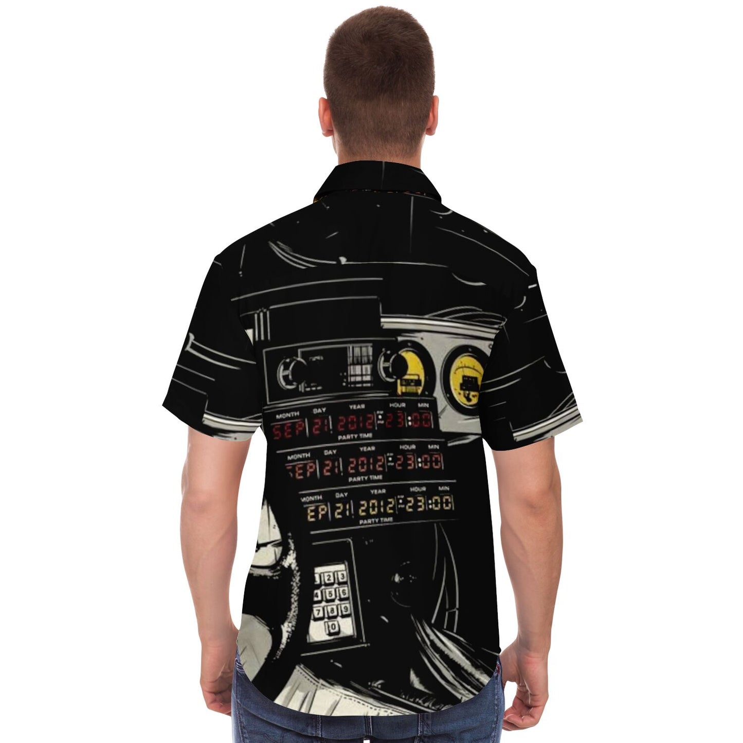 Delorean Time Machine Illustration Short Sleeve Button Down Shirt - AOP