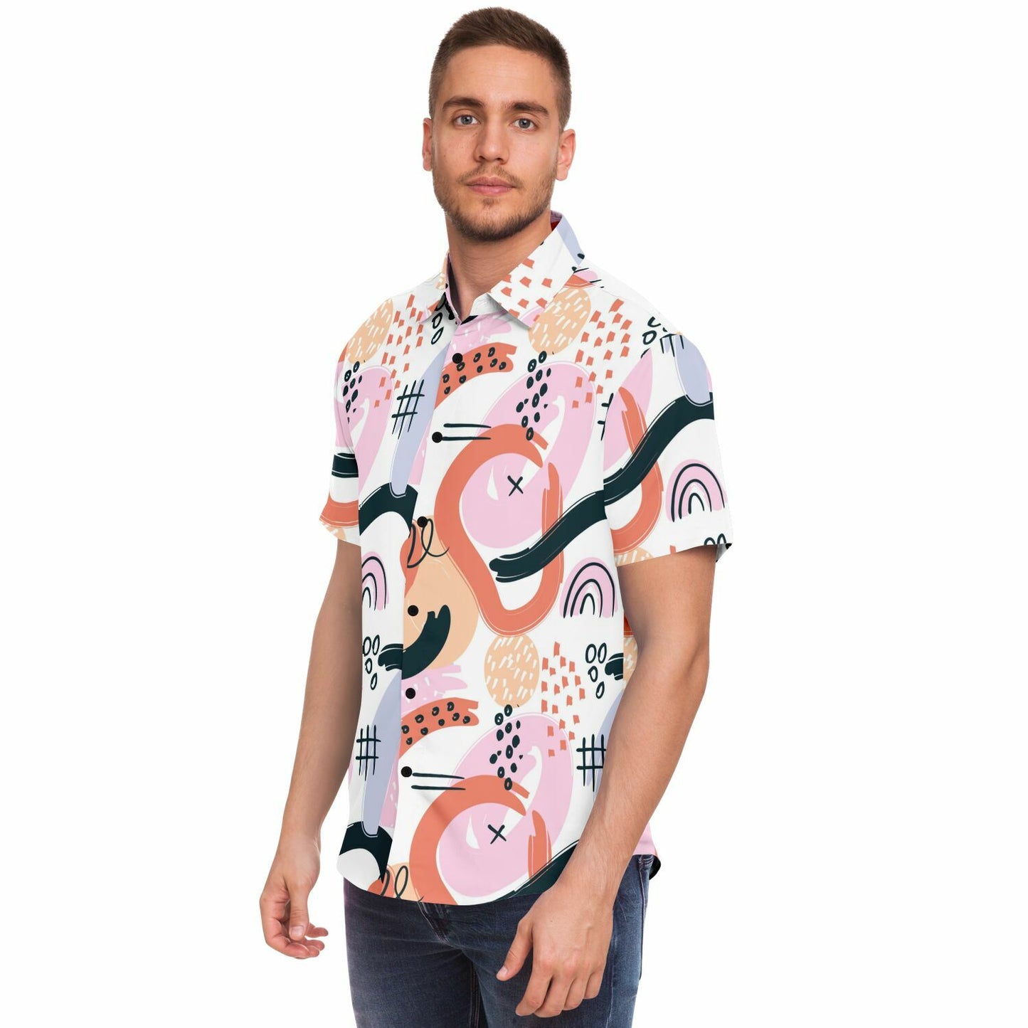 Abstract Art Hand Drawn Short Sleeve Button Down Shirt - AOP