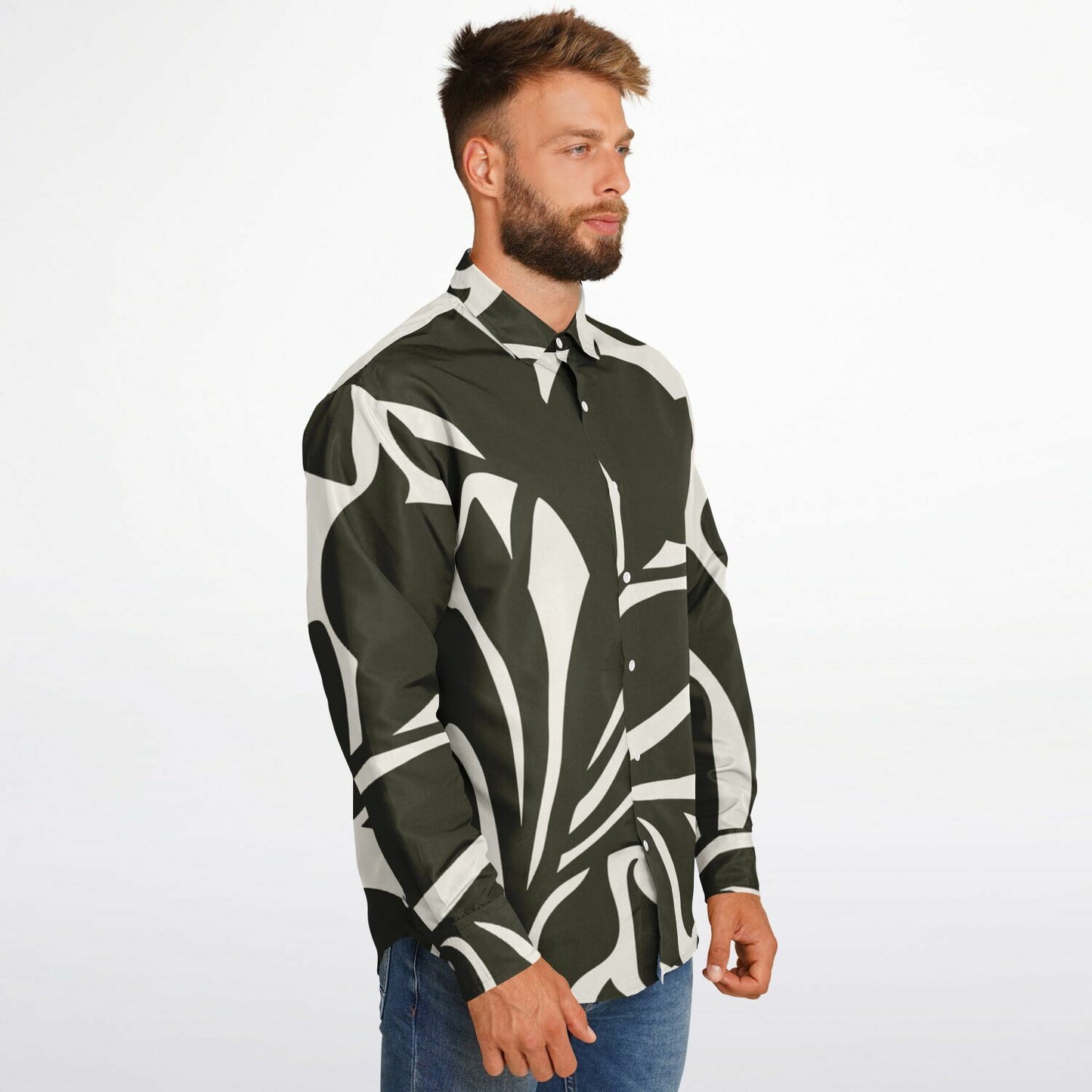 Black and White Leaves Pattern Long Sleeve Button Down Shirt - AOP