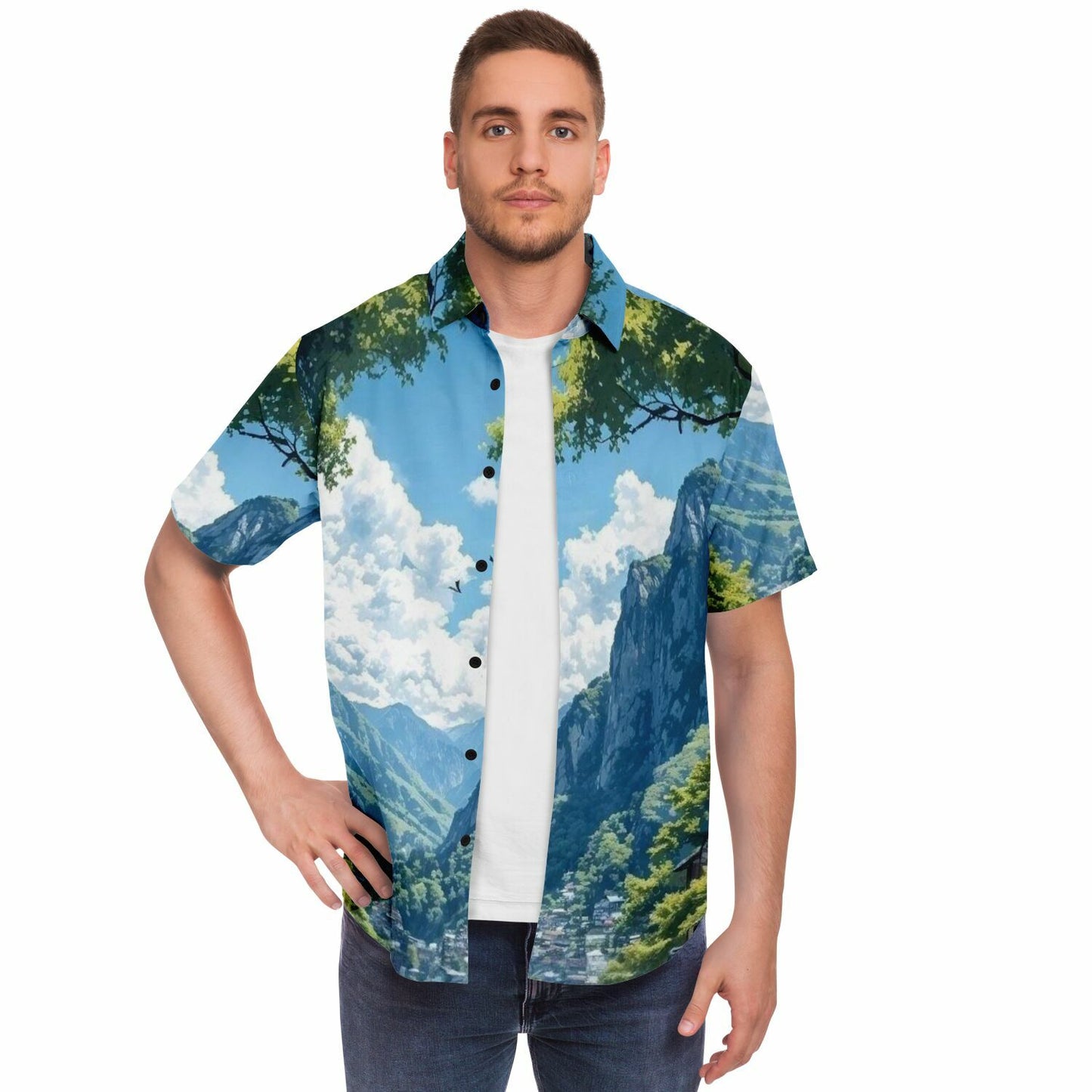 GTR in Japanese Mountains Short Sleeve Button Down Shirt - AOP