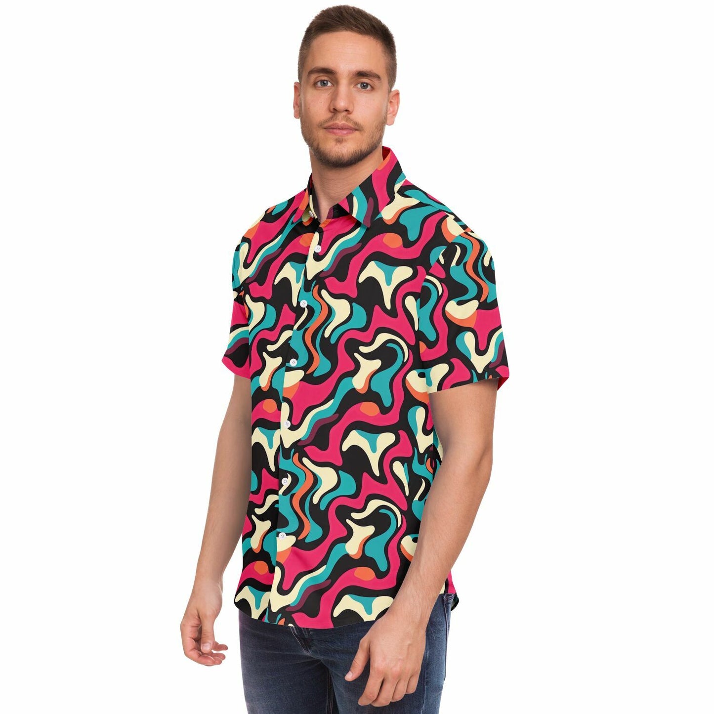 Red Blue Pattern Short Sleeve Button Down Shirt - AOP