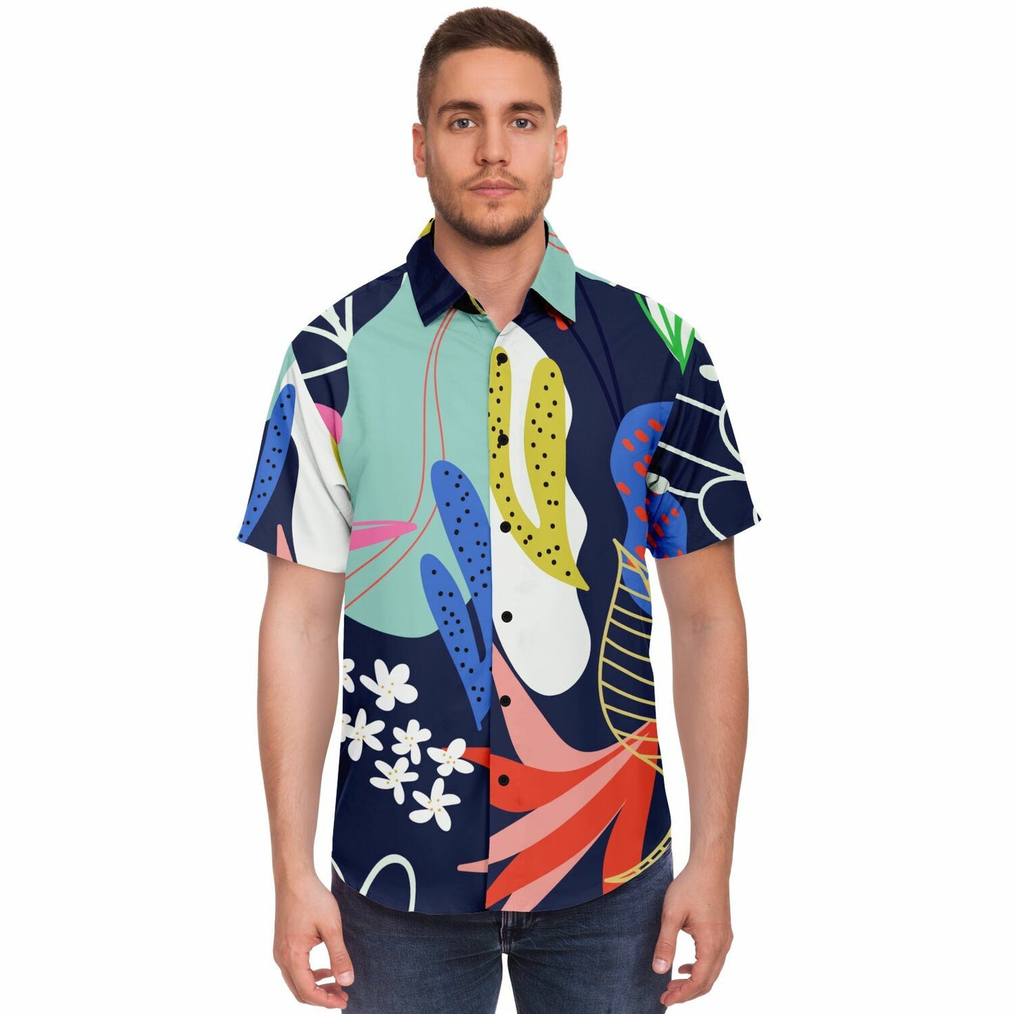 Floral Garden Hand Drawing Short Sleeve Button Down Shirt - AOP