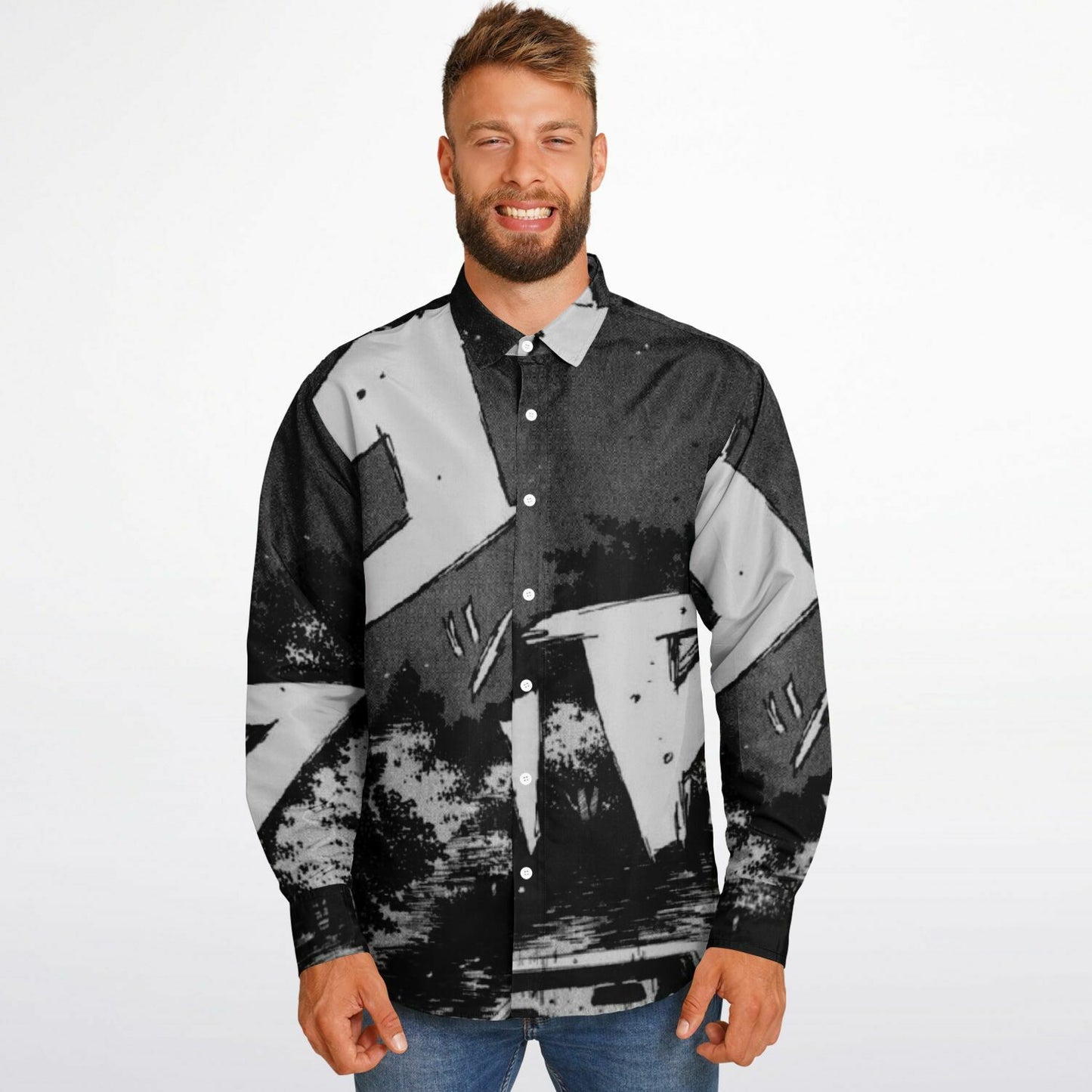 Initial D Illustration Long Sleeve Button Down Shirt - AOP