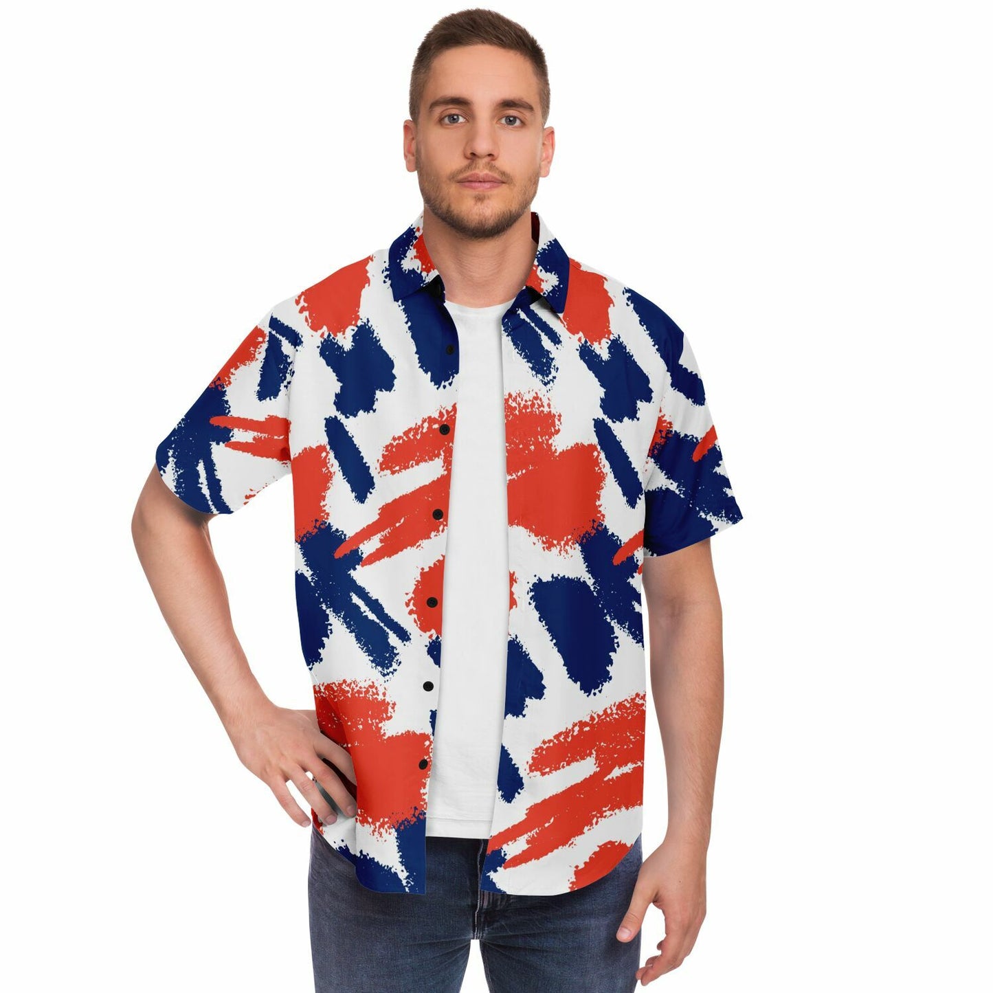 Red Blue Brushstroke Short Sleeve Button Down Shirt - AOP