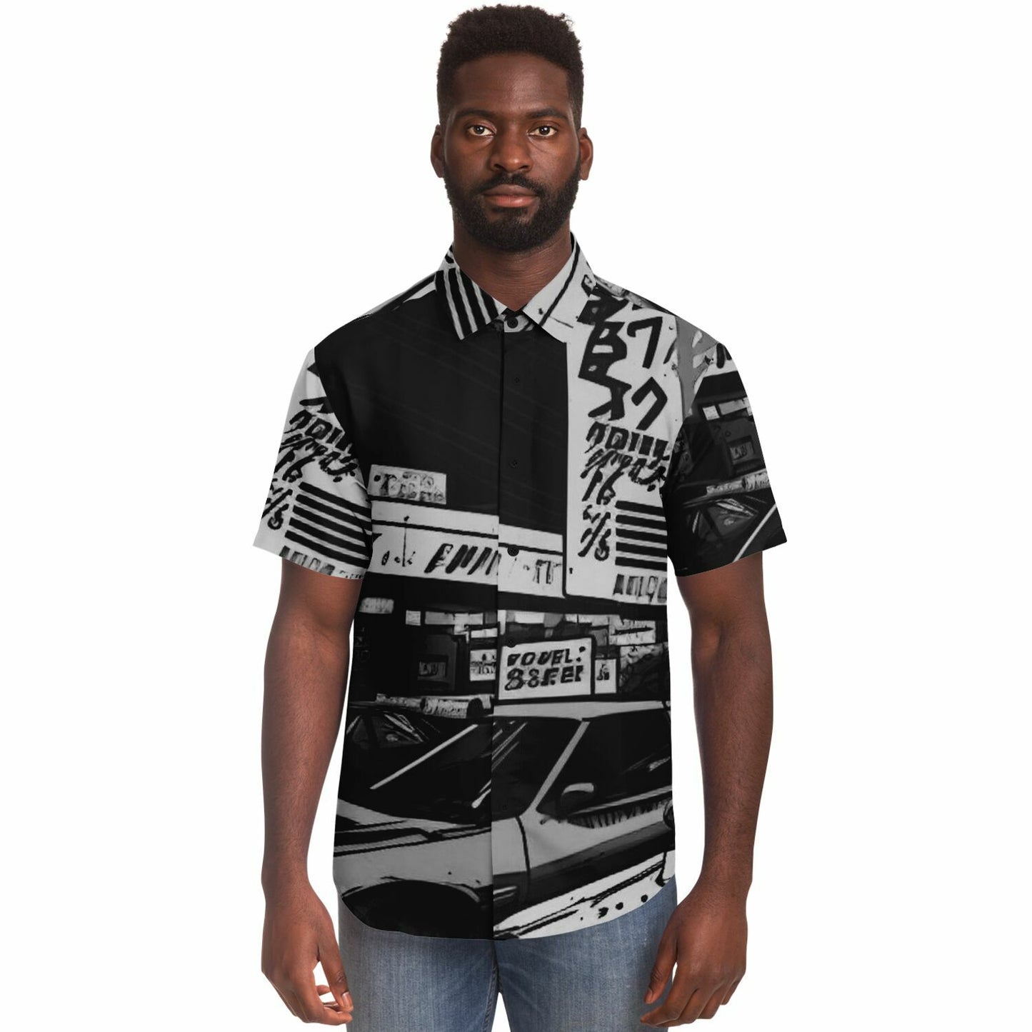 Black and White JDM Art Short Sleeve Button Down Shirt - AOP