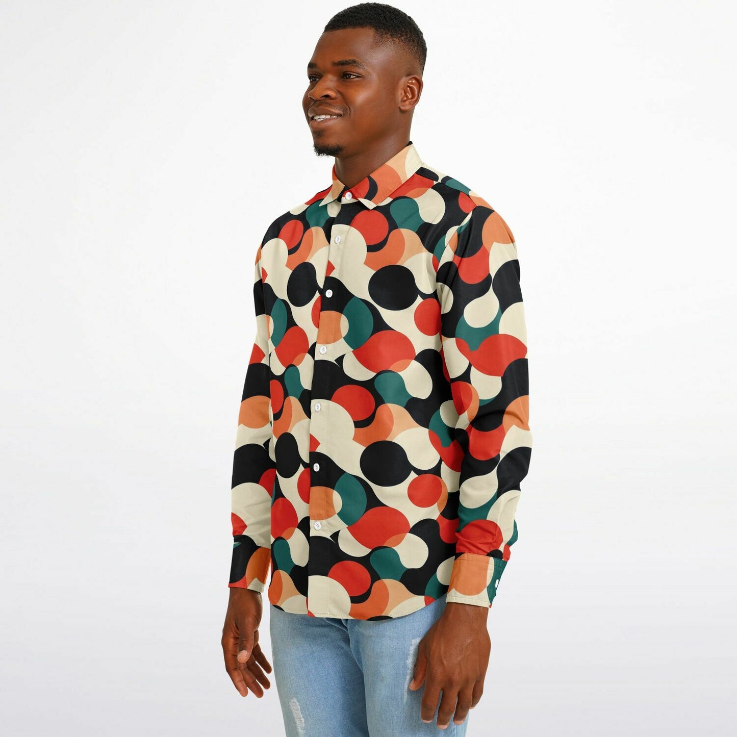 Abstract Colored Pattern Long Sleeve Button Down Shirt - AOP