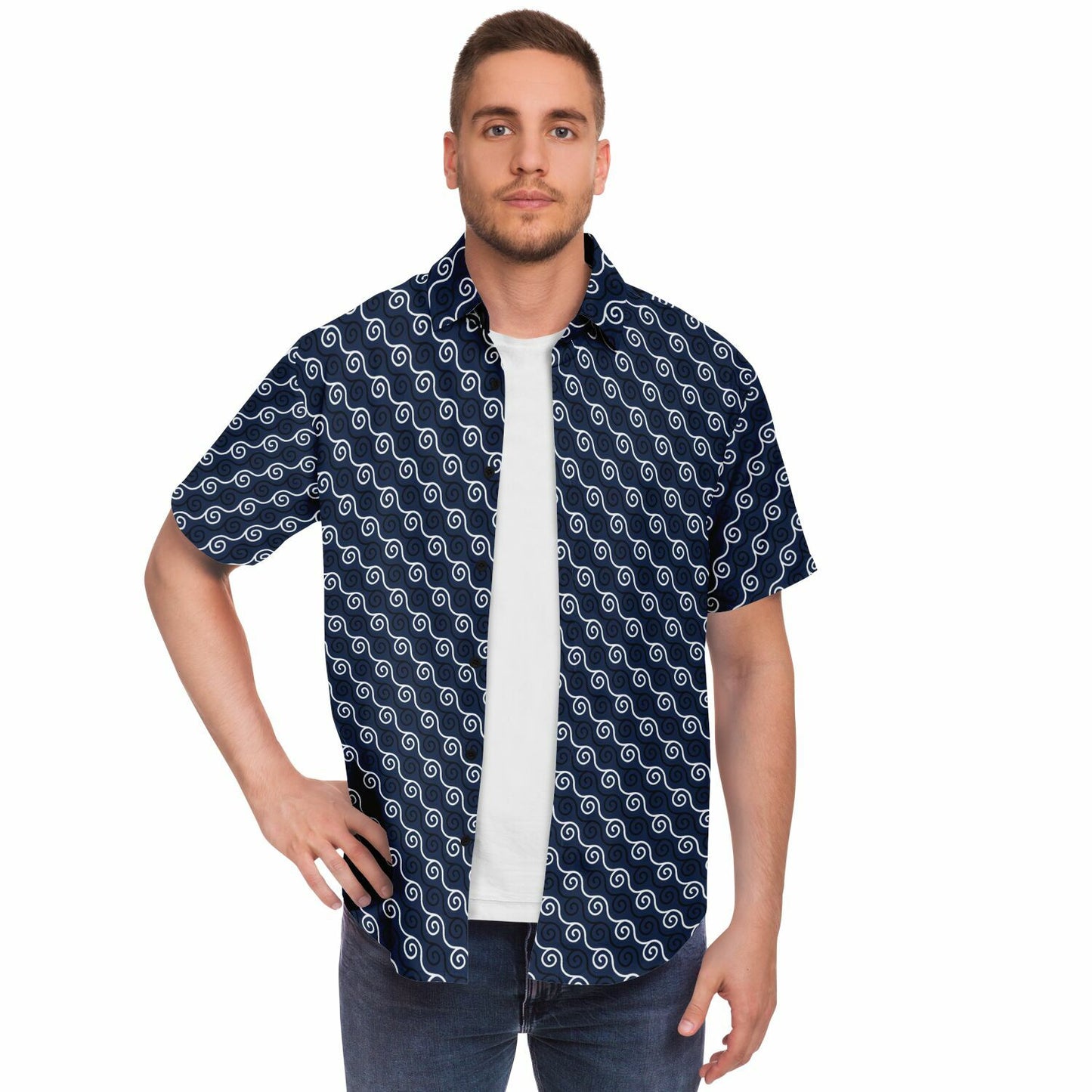 Linen Texture Print Short Sleeve Button Down Shirt - AOP