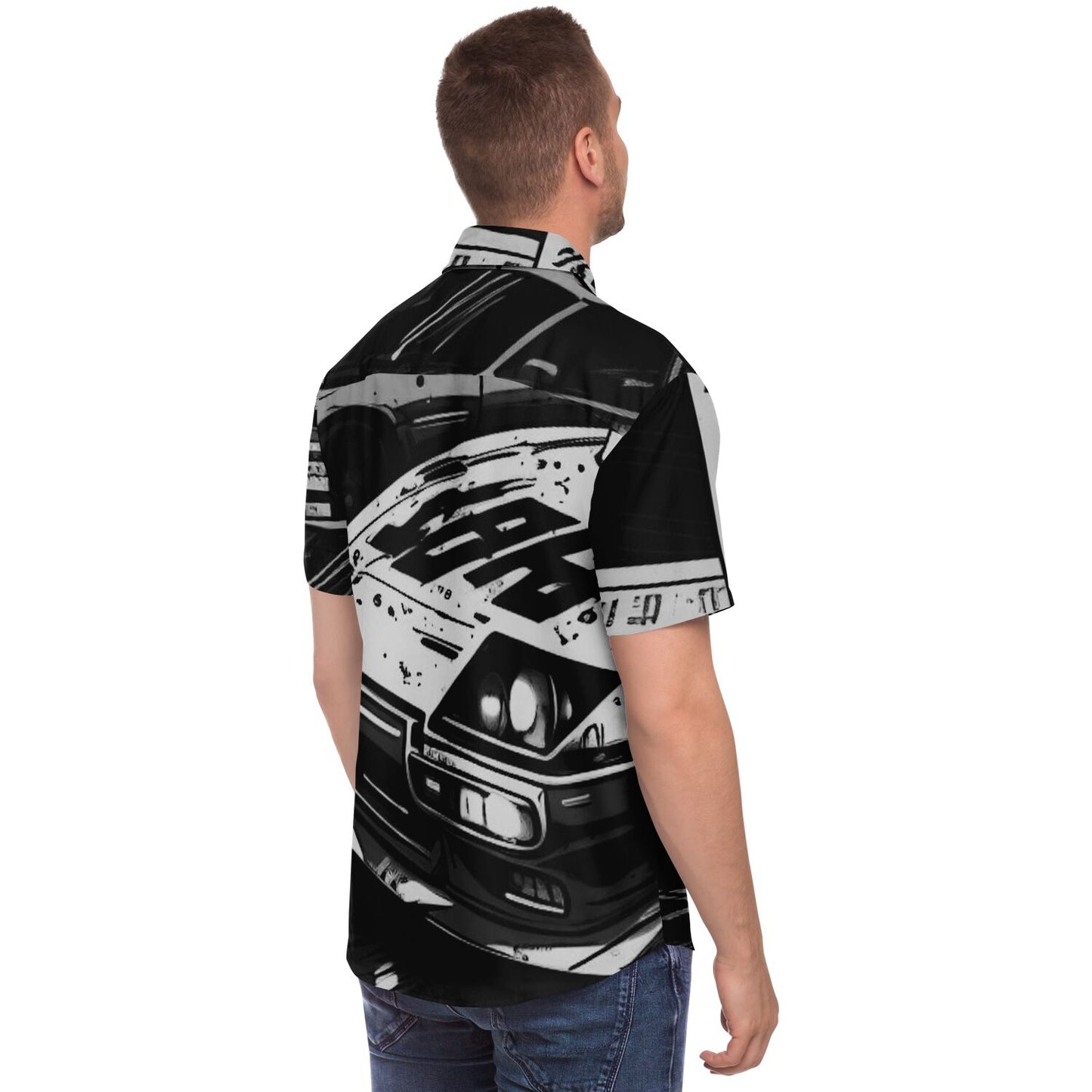 Black and White JDM Art Short Sleeve Button Down Shirt - AOP