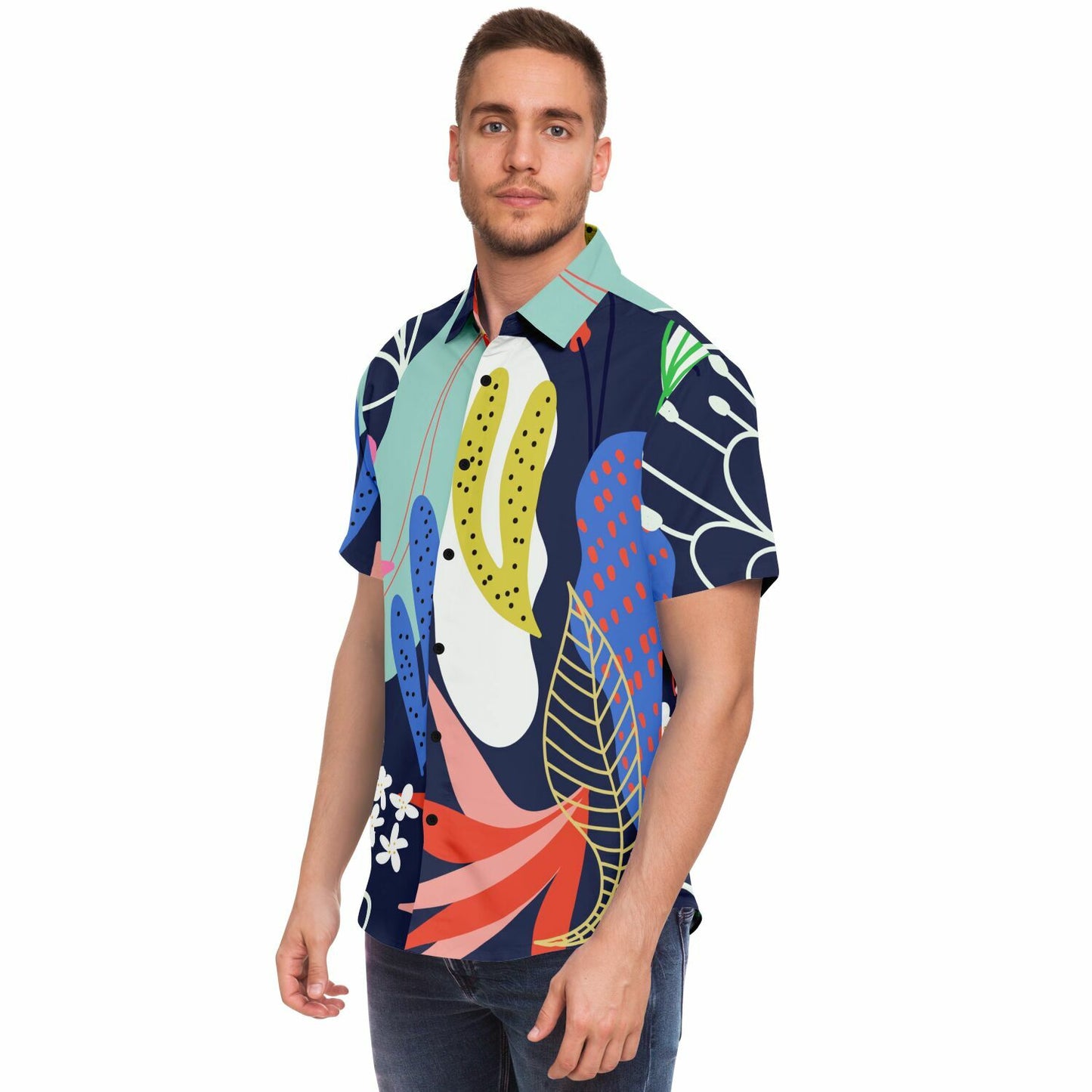 Floral Garden Hand Drawing Short Sleeve Button Down Shirt - AOP