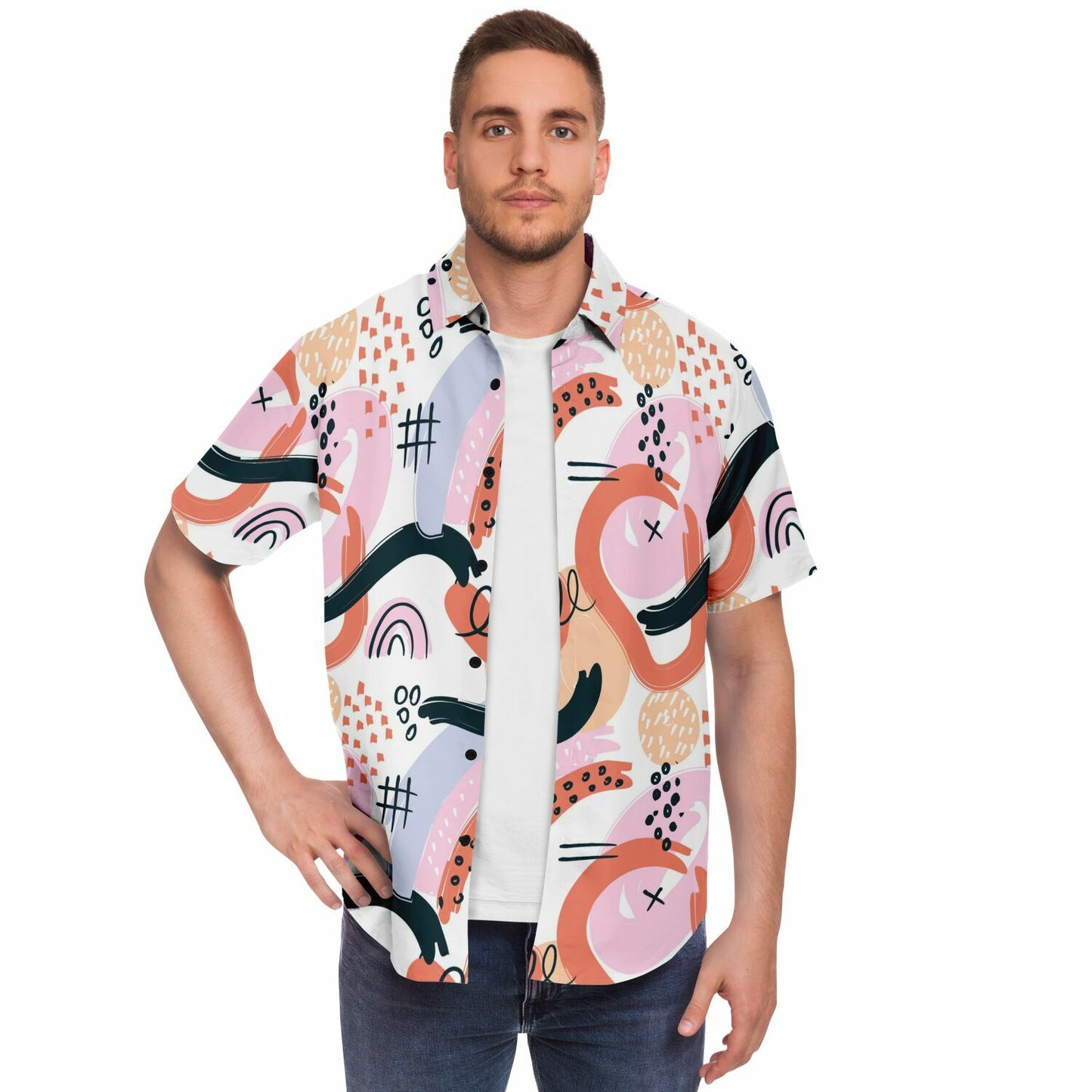 Abstract Art Hand Drawn Short Sleeve Button Down Shirt - AOP