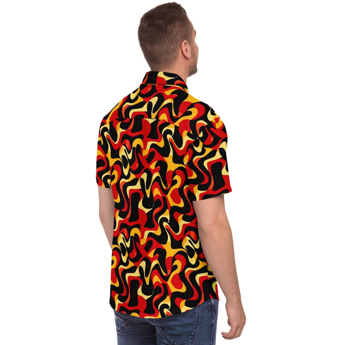 Orange Yellow Abstract Pattern Short Sleeve Button Down Shirt - AOP