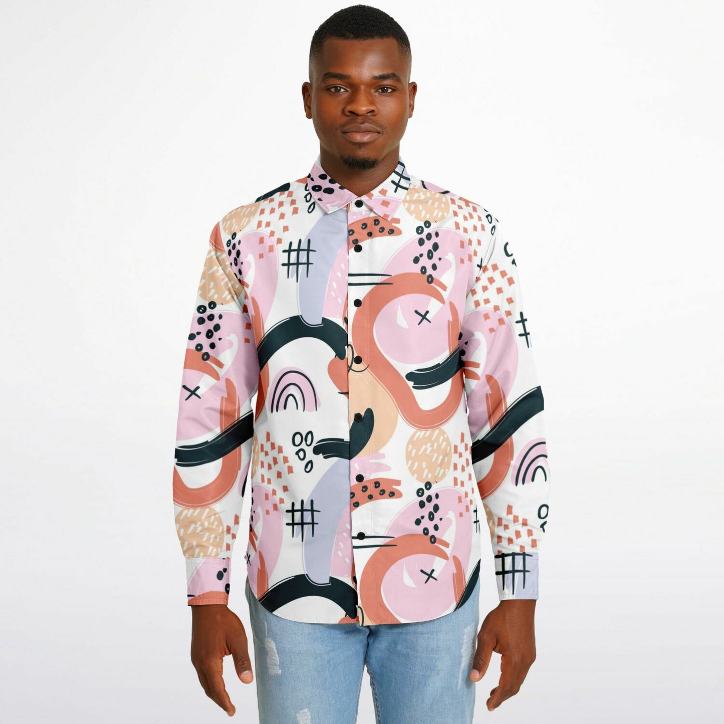 Abstract Art Hand Drawn Long Sleeve Button Down Shirt - AOP