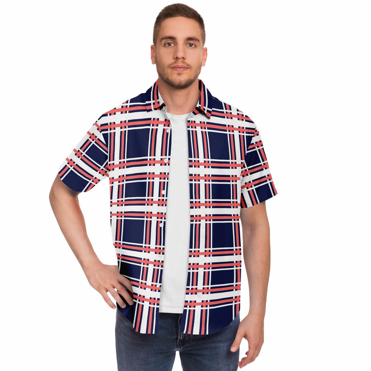 Purple Patterned Short Sleeve Button Down Shirt - AOP