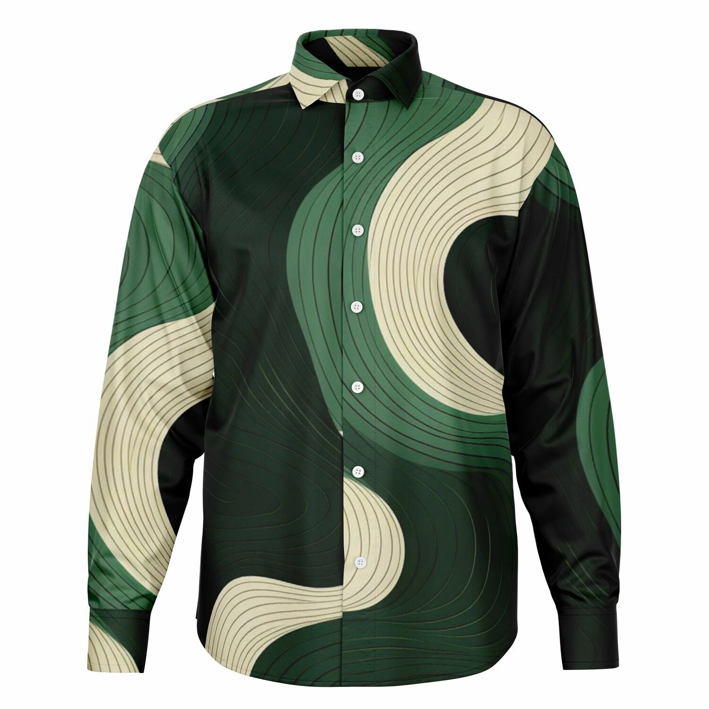 Royal Green Waves Pattern Long Sleeve Button Down Shirt - AOP