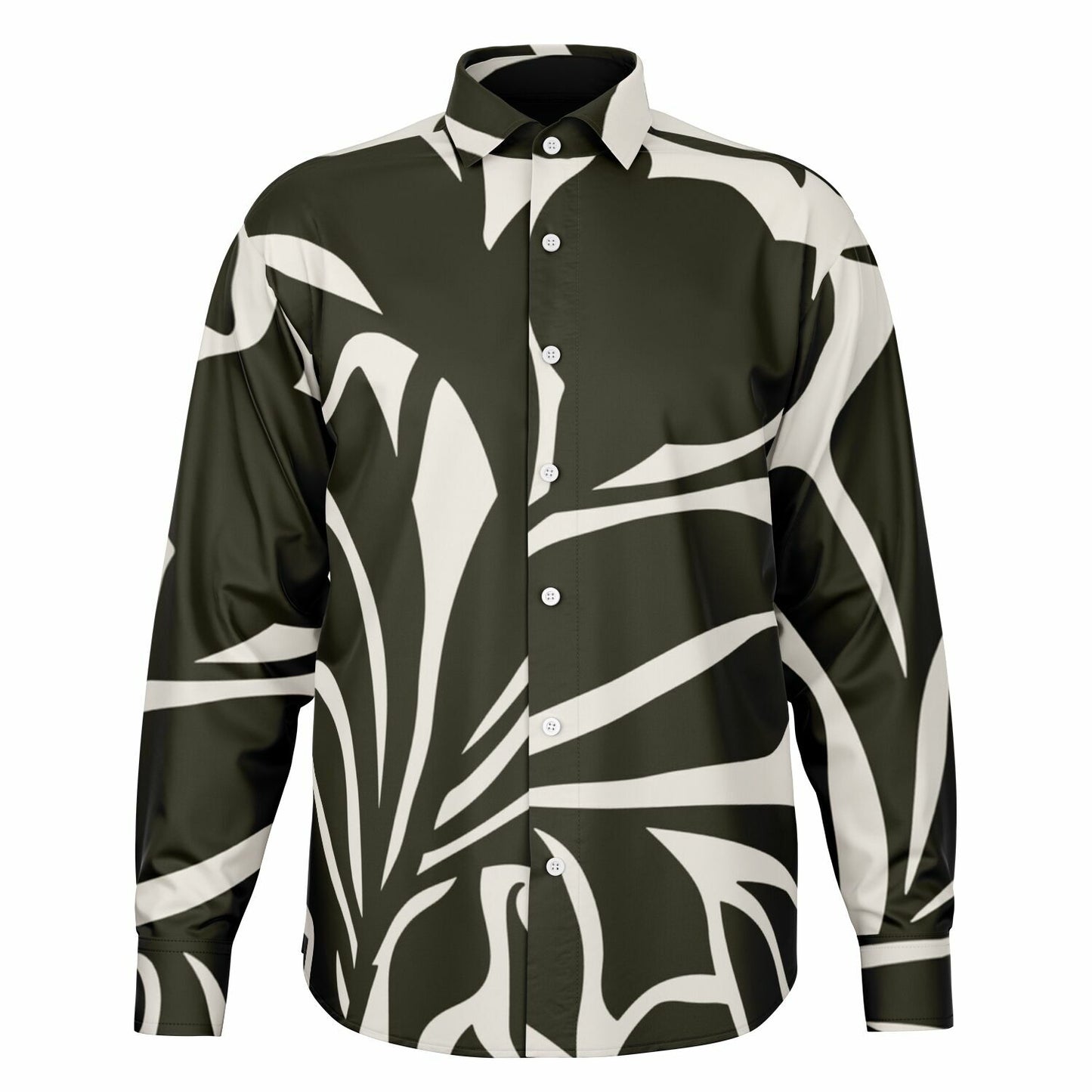 Black and White Leaves Pattern Long Sleeve Button Down Shirt - AOP