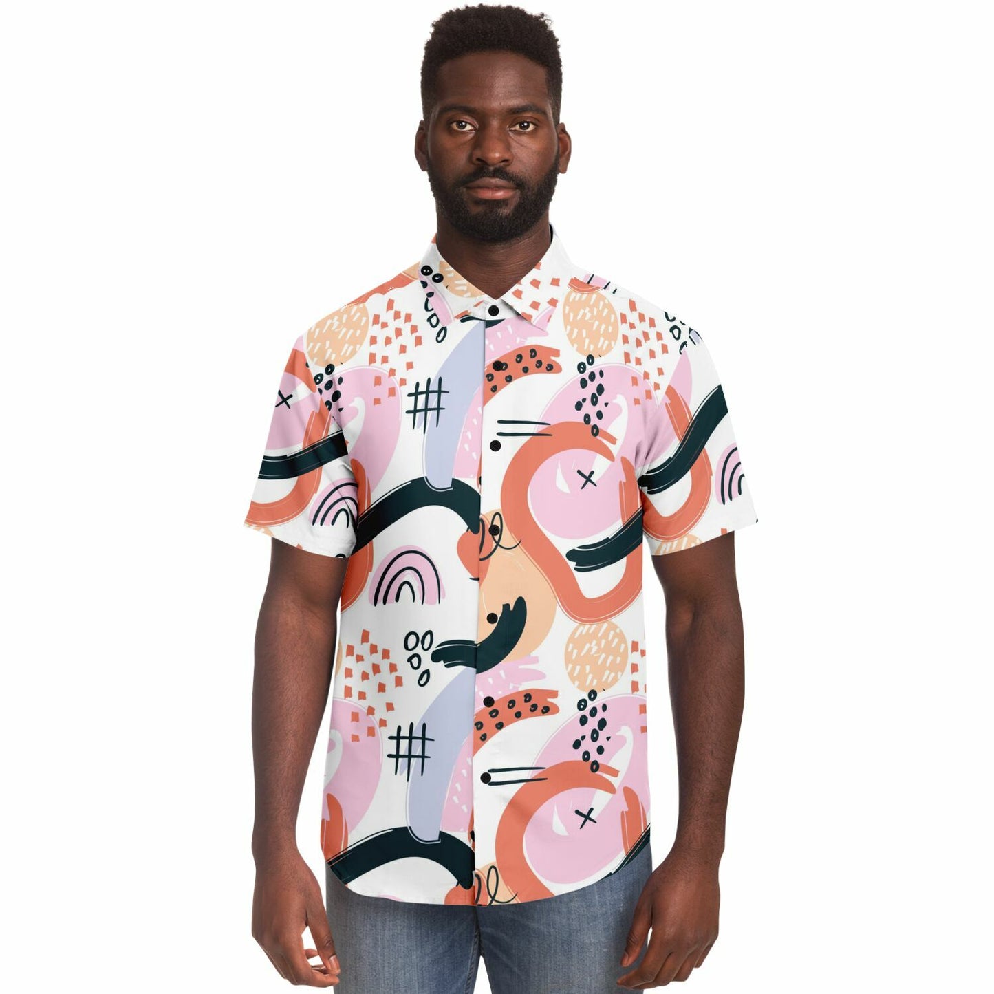 Abstract Art Hand Drawn Short Sleeve Button Down Shirt - AOP