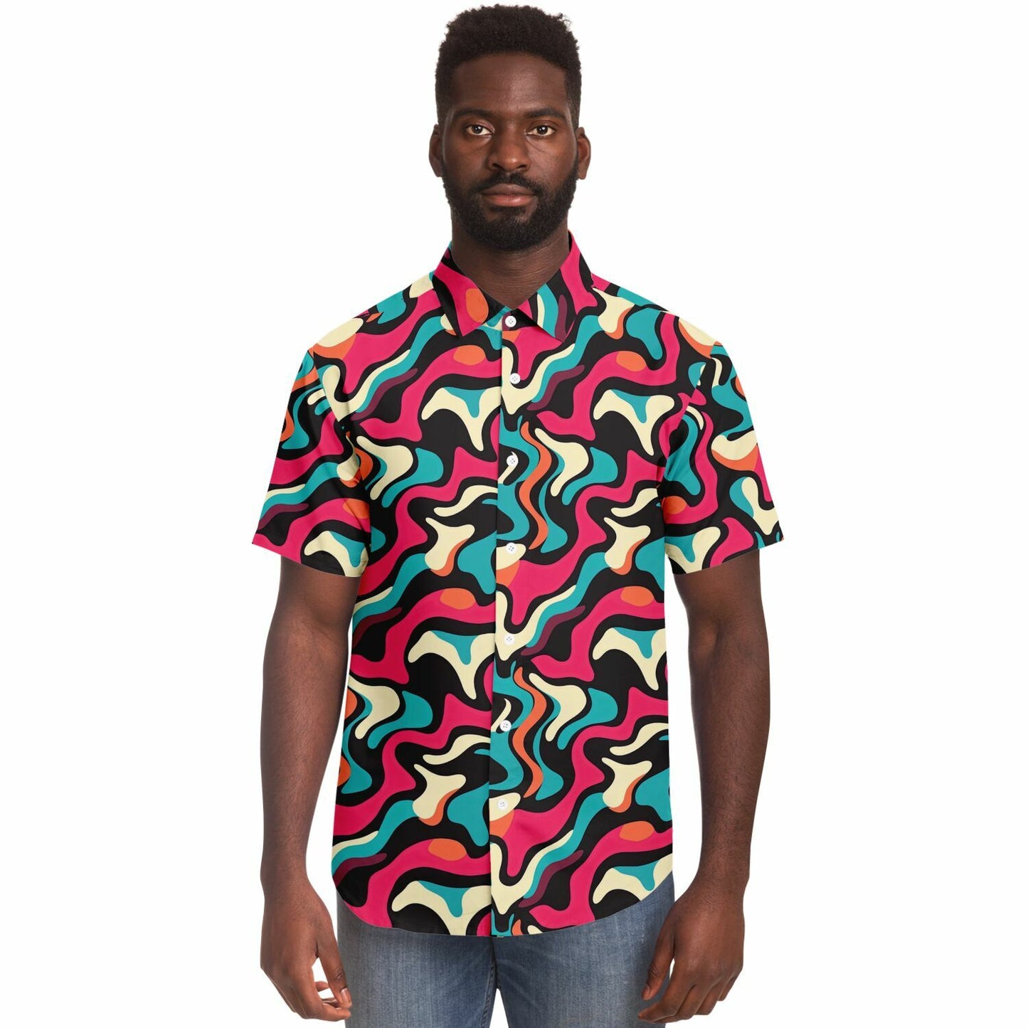 Red Blue Pattern Short Sleeve Button Down Shirt - AOP