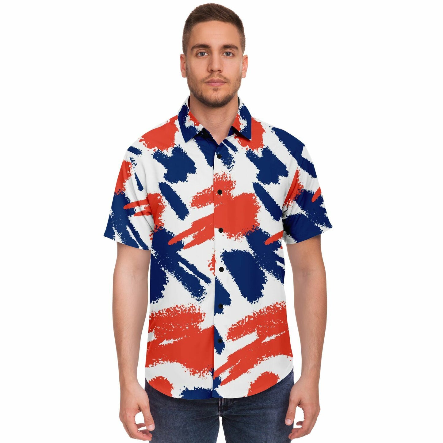 Red Blue Brushstroke Short Sleeve Button Down Shirt - AOP