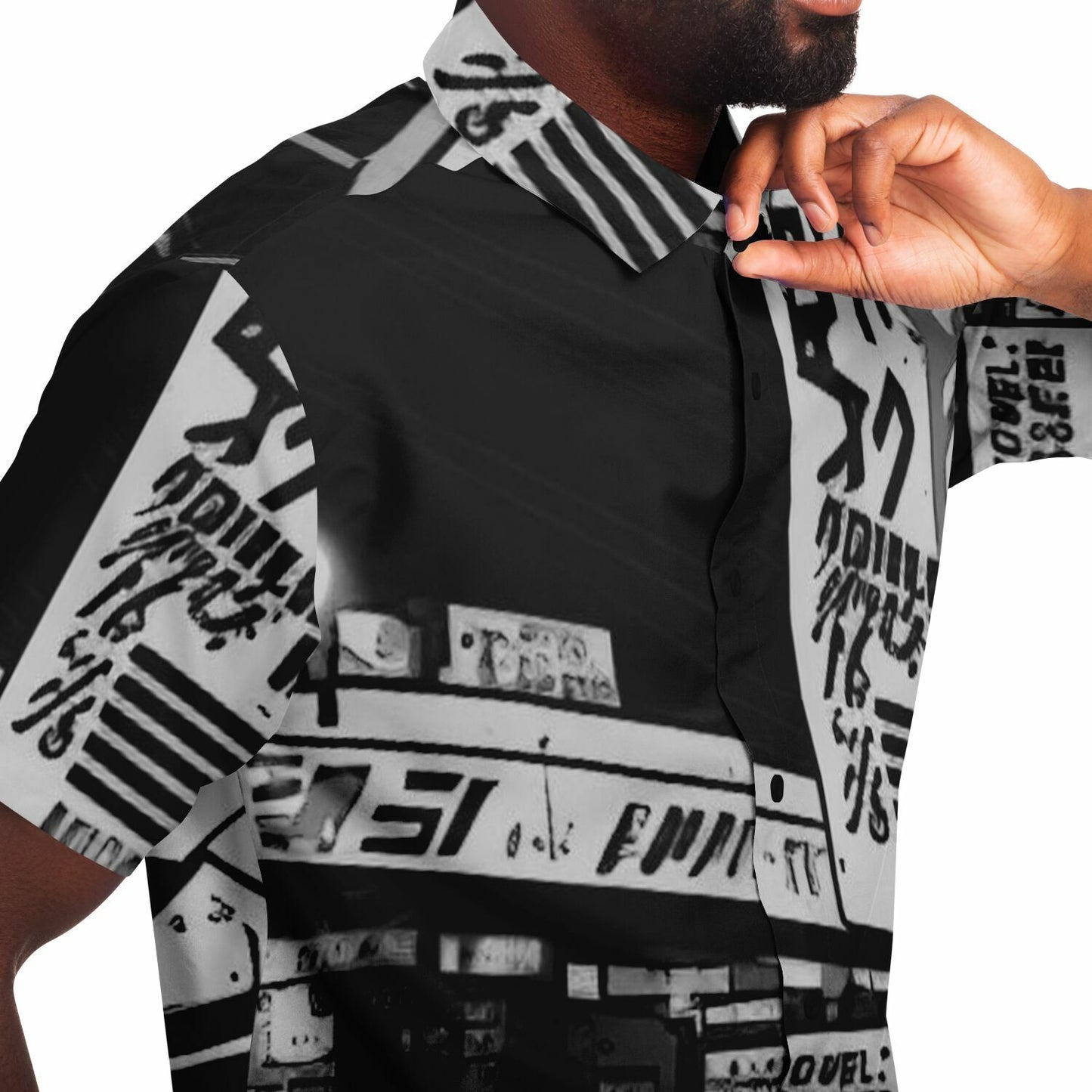 Black and White JDM Art Short Sleeve Button Down Shirt - AOP