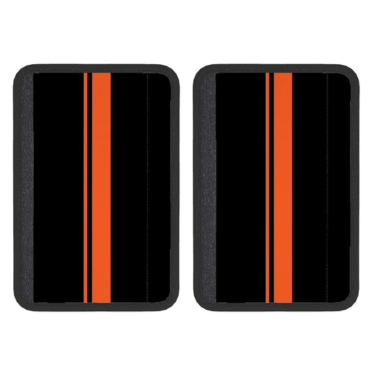 Two black neoprene seat belt cover pads with orange stripes on each side