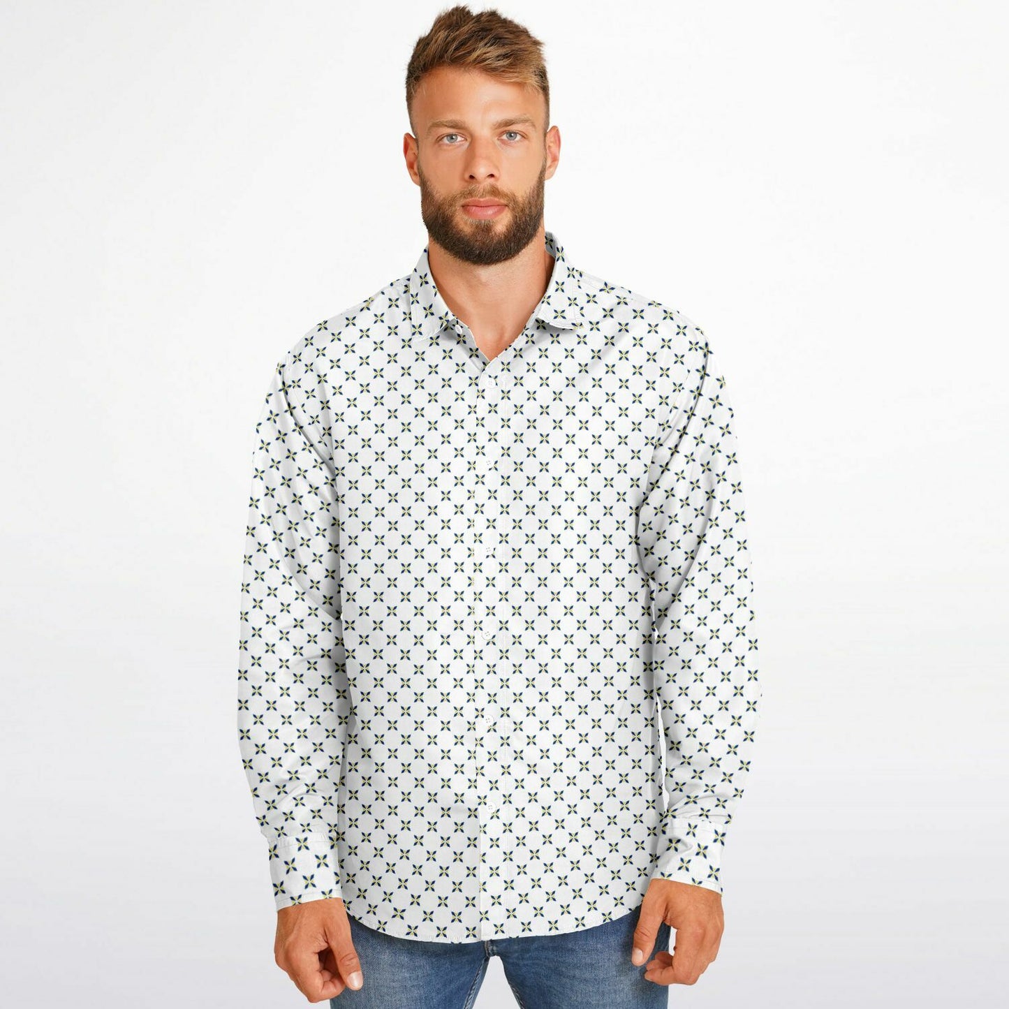 Geometric Pattern Long Sleeve Button Down Shirt - AOP