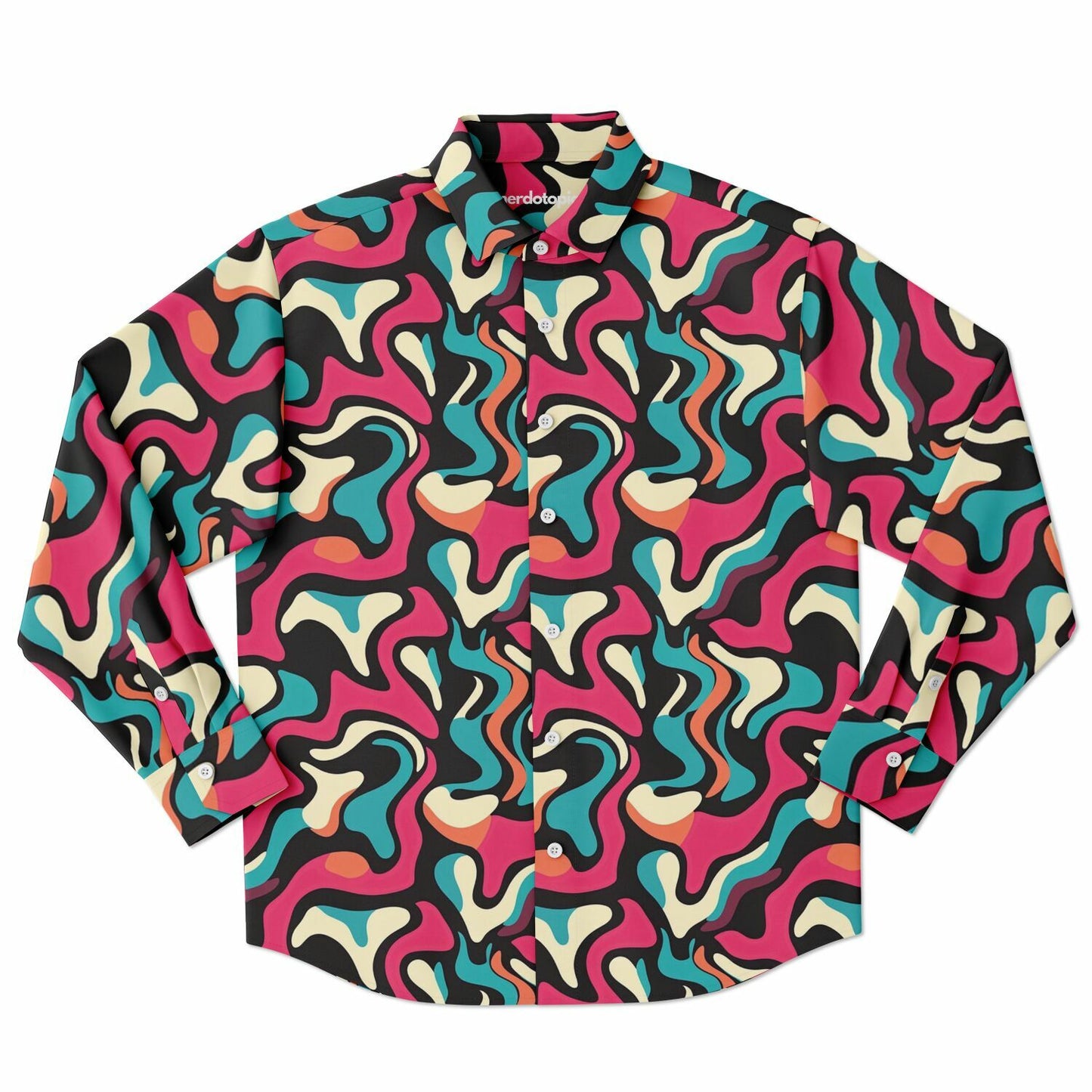 Red Blue Pattern Long Sleeve Button Down Shirt - AOP