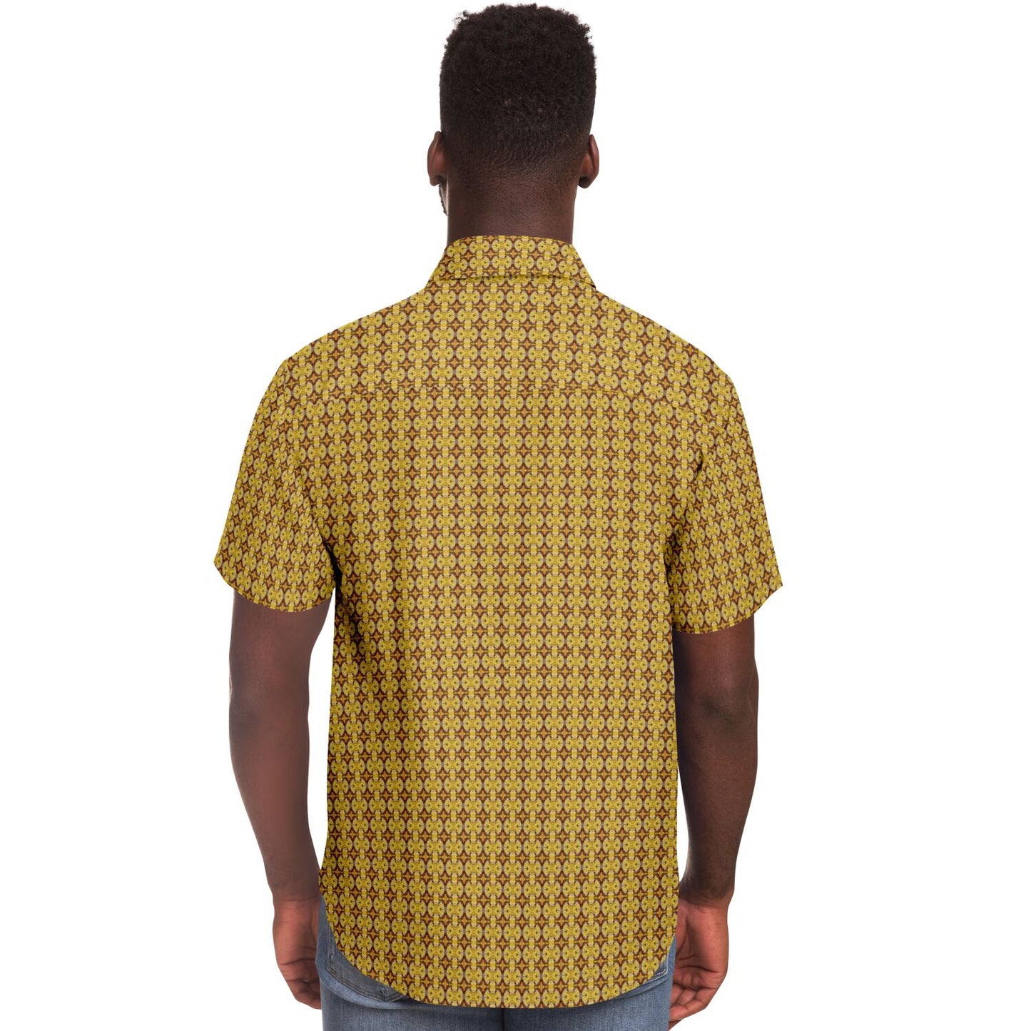 Unique Golden Pattern Short Sleeve Button Down Shirt - AOP