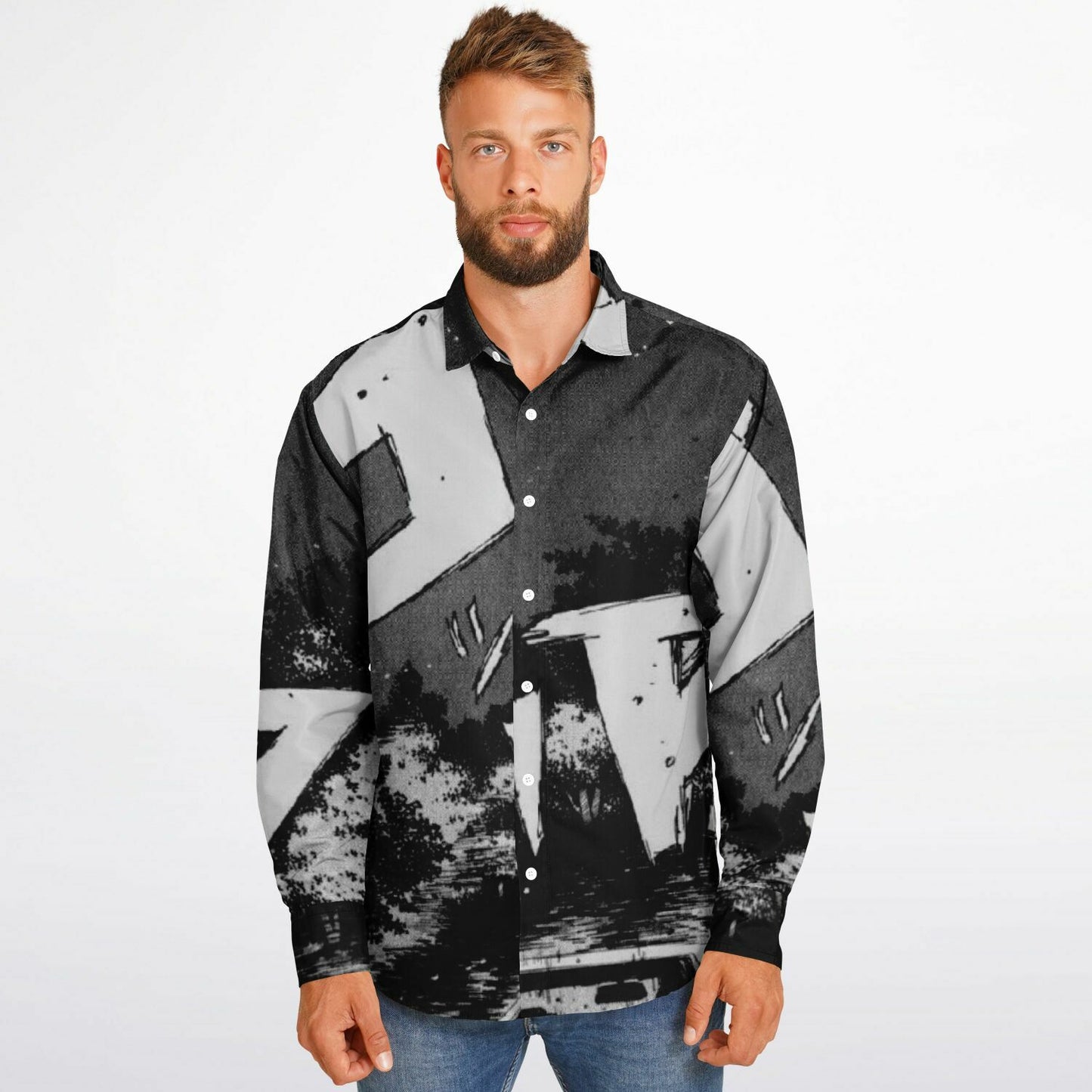 Initial D Illustration Long Sleeve Button Down Shirt - AOP