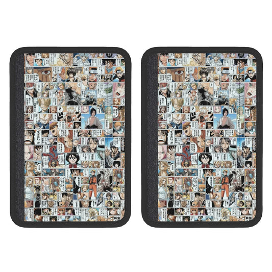 Two rectangular neoprene seat belt cover pads with an anime character collage design.