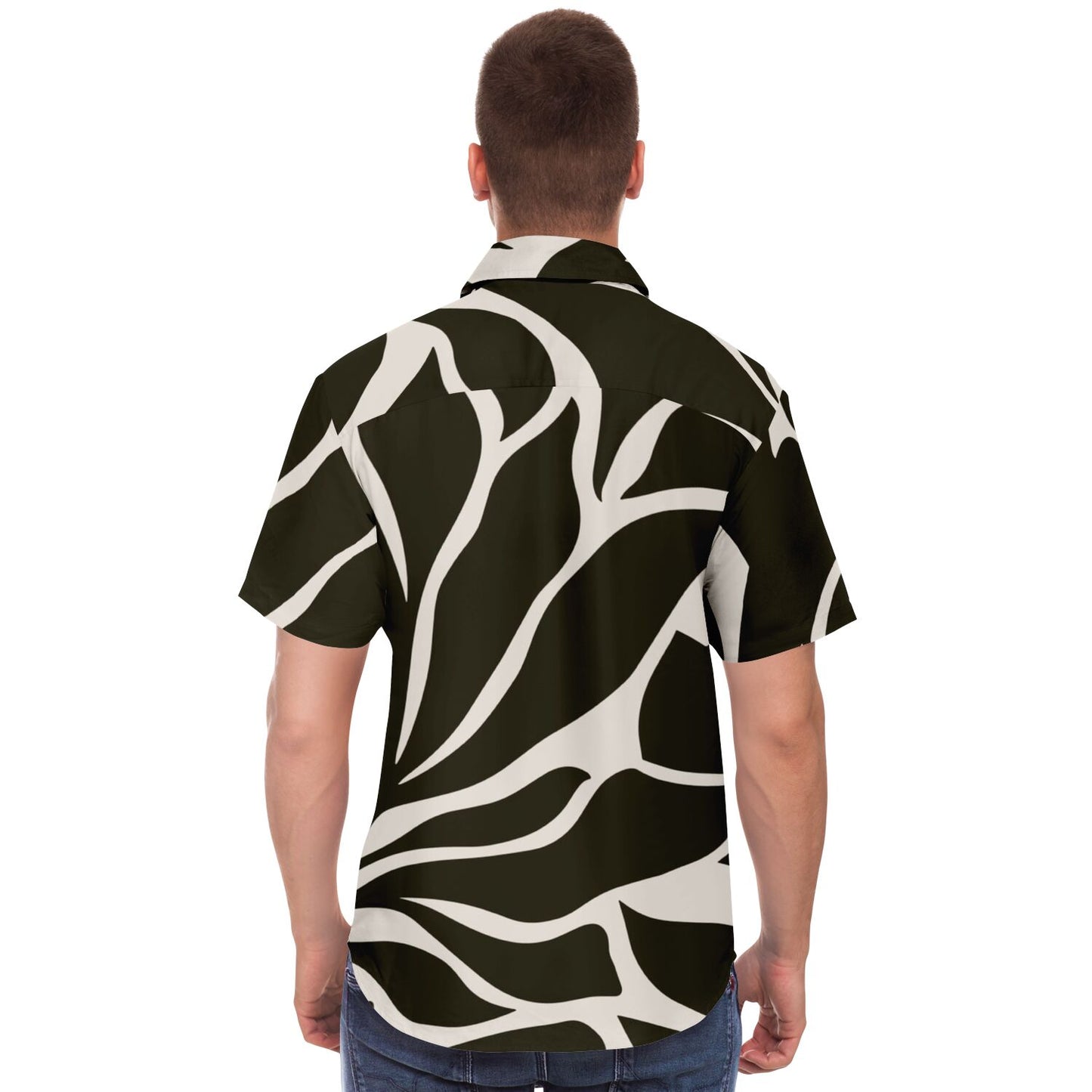 Black and White Leaves Pattern Short Sleeve Button Down Shirt - AOP