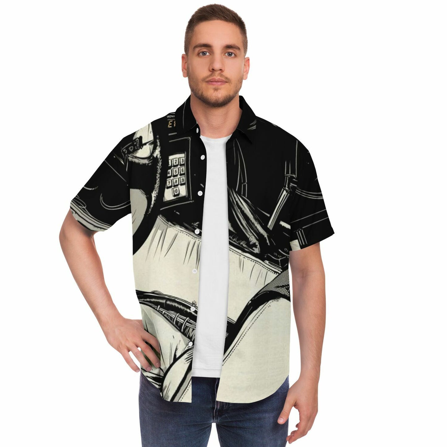 Delorean Time Machine Illustration Short Sleeve Button Down Shirt - AOP