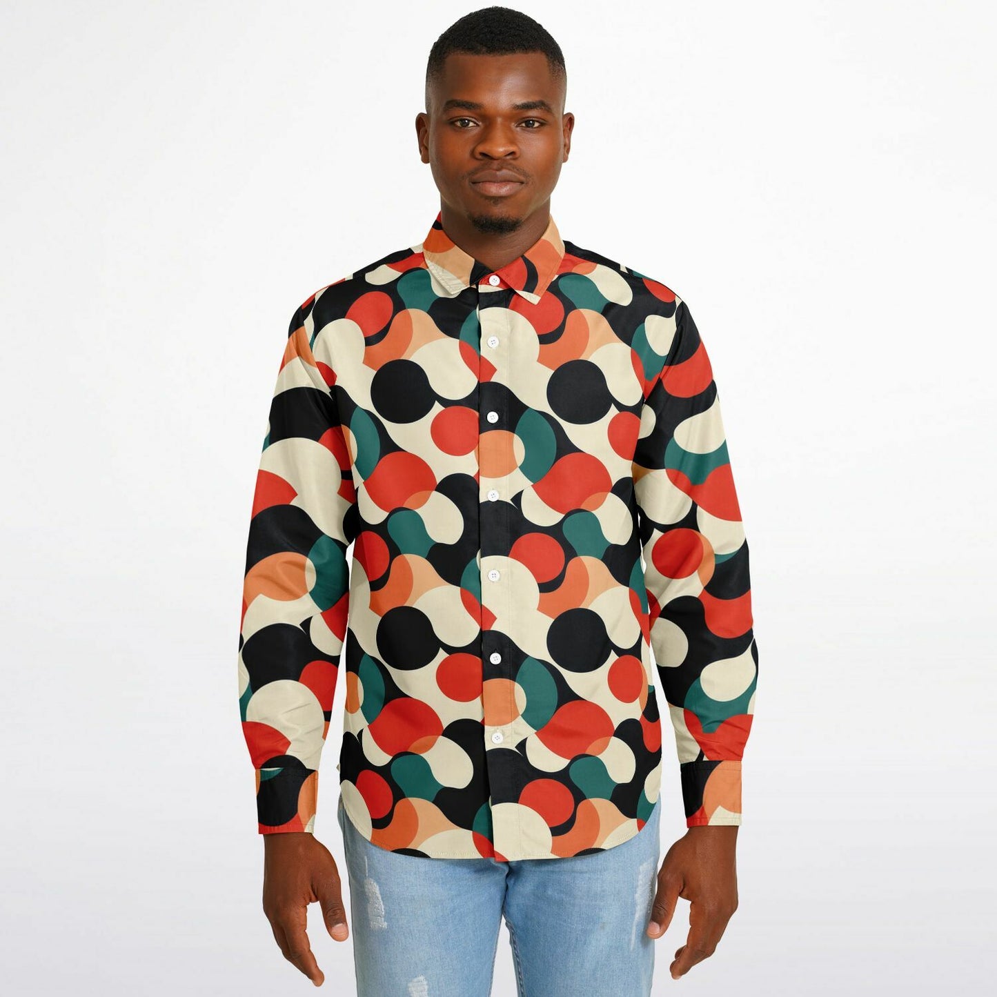 Abstract Colored Pattern Long Sleeve Button Down Shirt - AOP